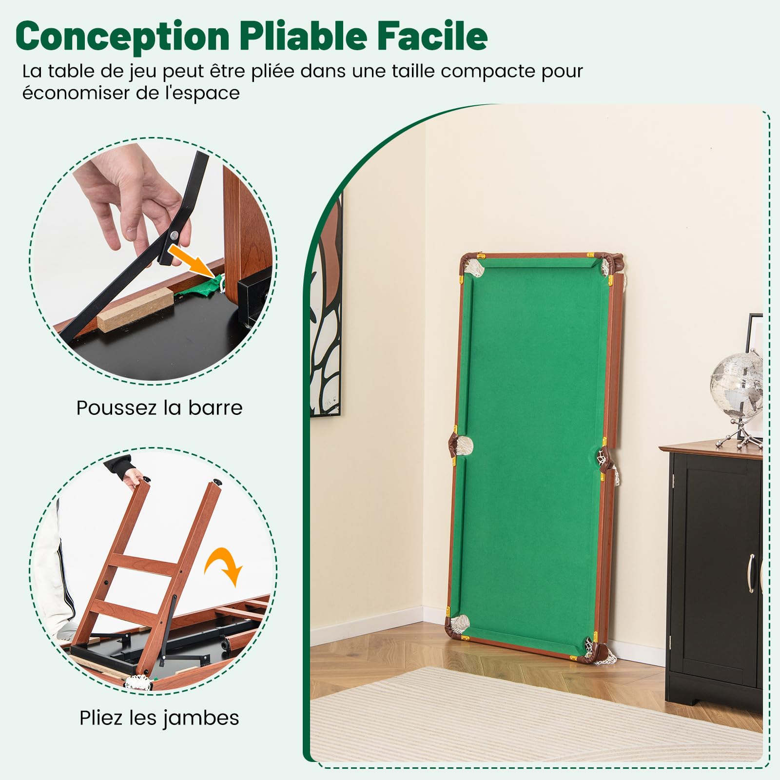 COSTWAY Table de Billard Americain Pliable avec Accessoires(2 Queues, 16 Boules, Triangle, 2 Craies, Brosse), Jeu de Billard avec Pieds Réglables, Marron et Tapis Vert, 138 x 67 x 79,5 CM