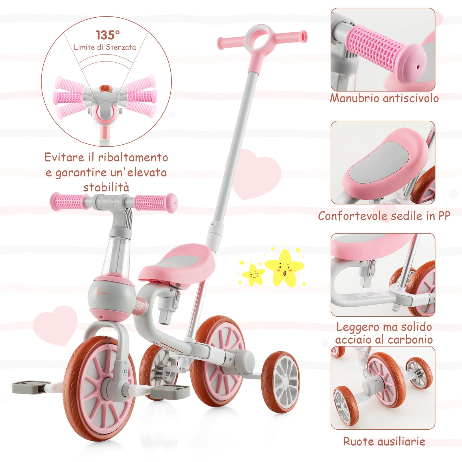 RELAX4LIFE 4 in 1 Triciclo per Bambini con Maniglione, Altezza Sedile a 2 Livelli, Maniglia di Spinta Regolabile e Pedali Rimovibili, Bicicletta Equilibrio per Bambini 2-4 anni (Rosa)