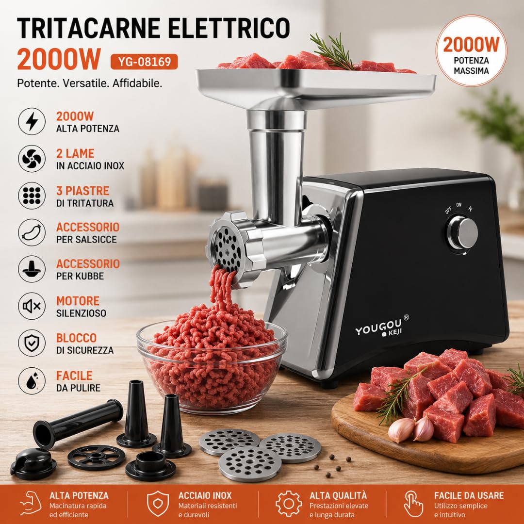 Tritacarne Elettrico Professionale 2000W, 2 Lame in Acciaio Inox, 3 Piastre di Tritatura, Accessorio per Salsicce e Kubbe, Motore Silenzioso, Facile da Pulire, Macchina per Carne, Casa e Cucina.