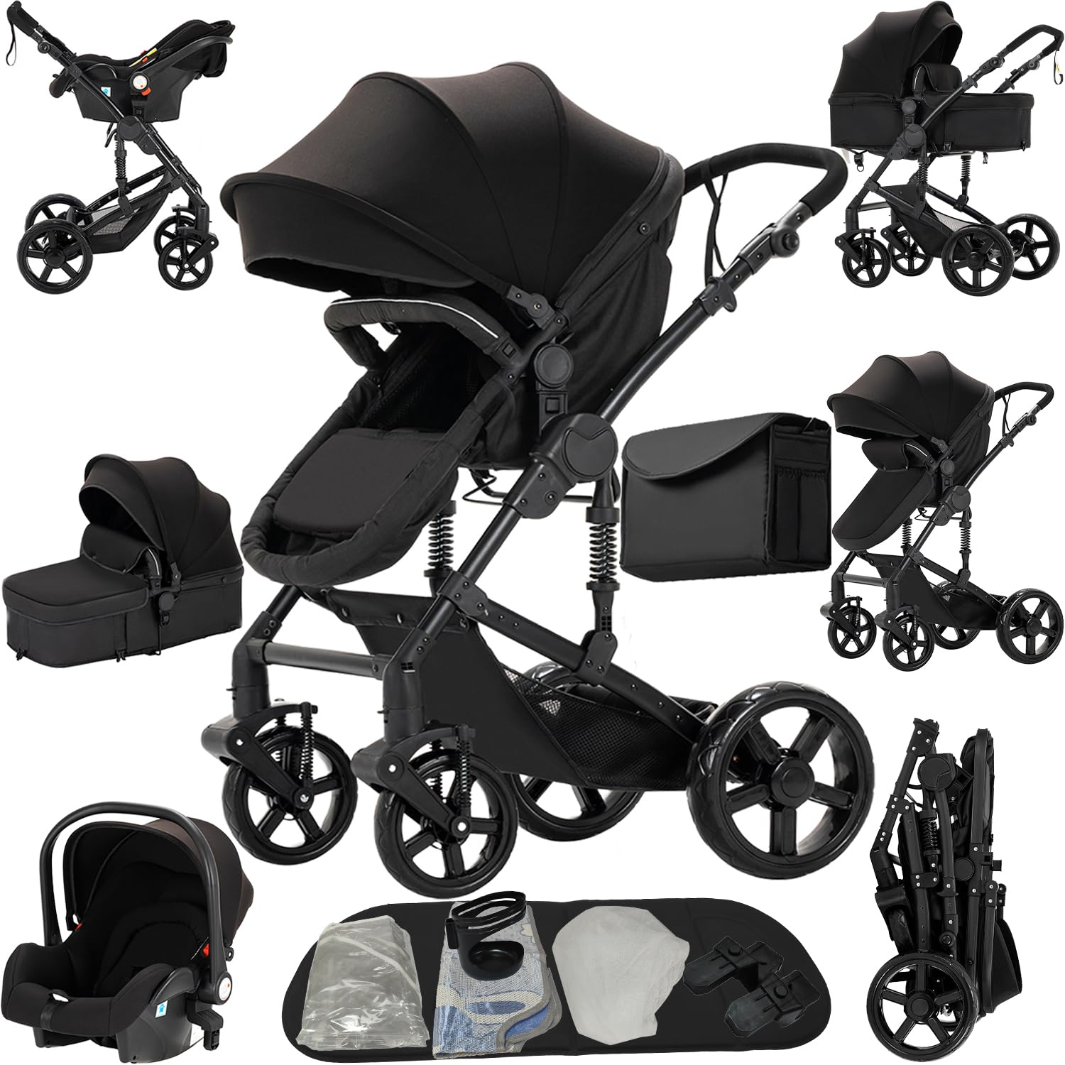 Prokoke Kinderwagen 3 in 1, Kinderwagen Set Einem Klick Faltbar, Kombikinderwagen 3 in 1 mit Umkehrbarem Zwei-Wege-Schub, Buggy Rahmen Aluminiumlegierung Baby Kleinkind Neugeborene (black 588)