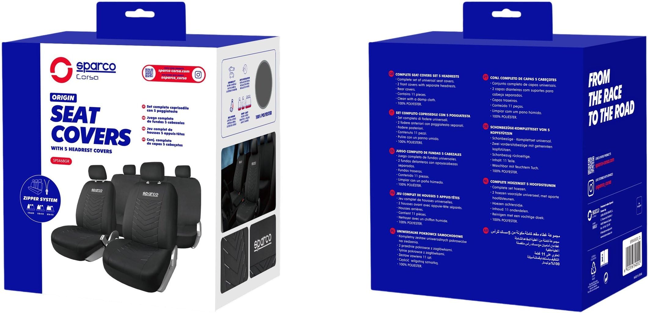 Sparco Set Completo Coprisedili Origin – Nero/Grigio – Universale – Design Sportivo – Compatibili con Airbag Laterali – Tessuto Resistente e Traspirante