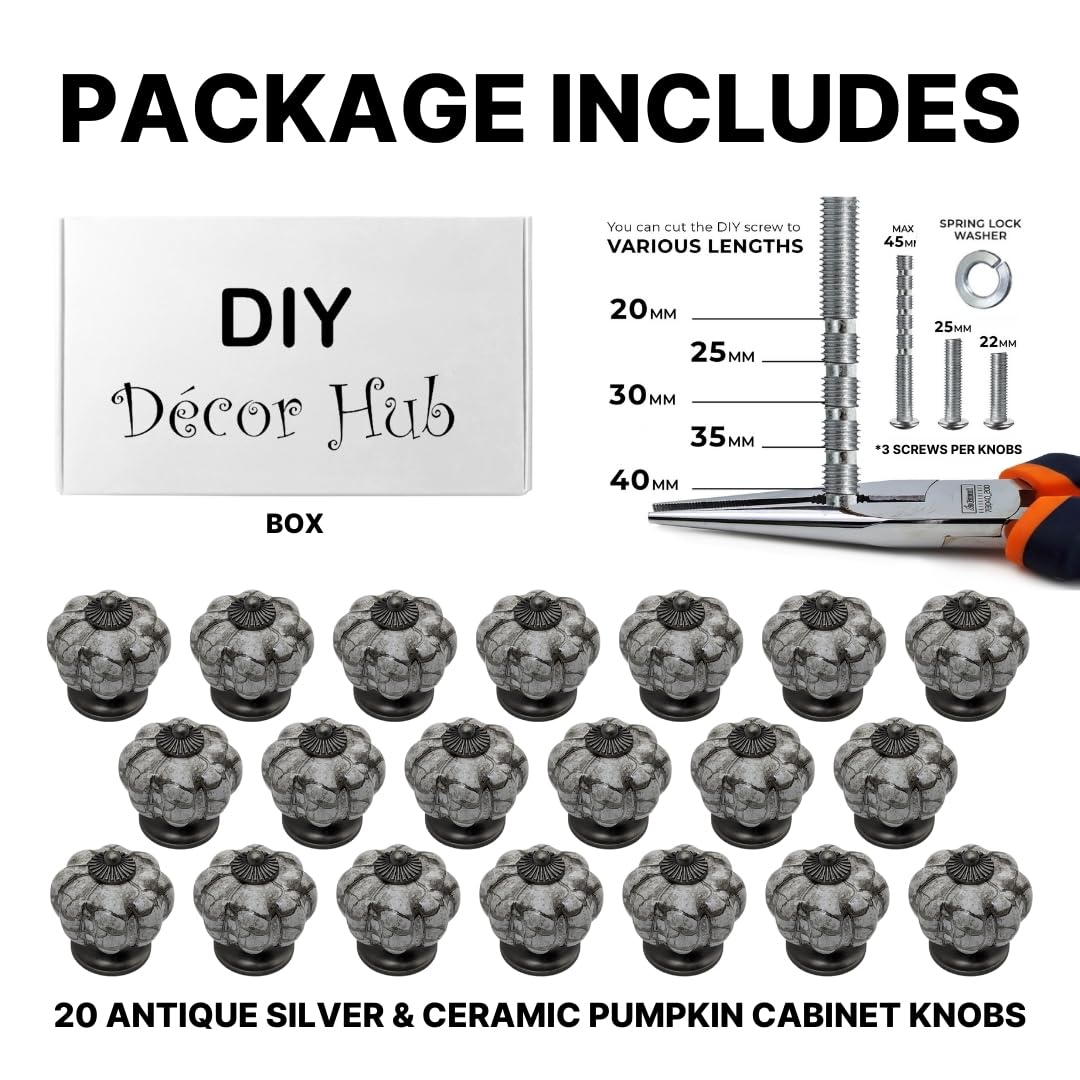 DIY Décor Hub - Pomos de gabinete de calabaza, pomos de plata antigua y cerámica, 20 pomos antiguos para gabinetes, manijas para armarios y cajones, orificio de metal sólido, gris plateado, 1.5