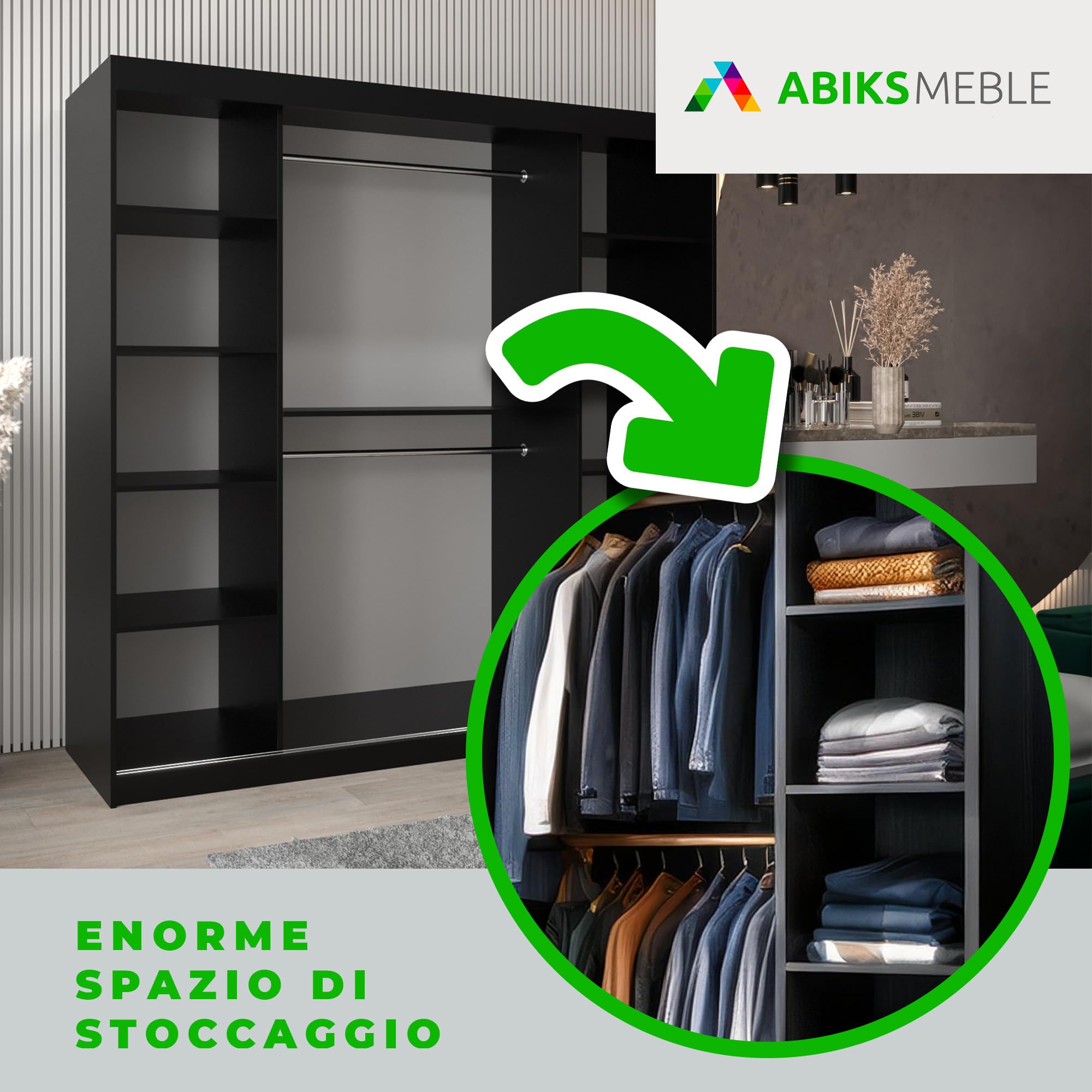 ABIKSMEBLE Verona 2 200 Armadio da Camera a Due Ante Scorrevoli - Armadio Moderno con Specchio, Barra e Ripiani - 200x200x62 cm (L x A x P) - Nero Opaco