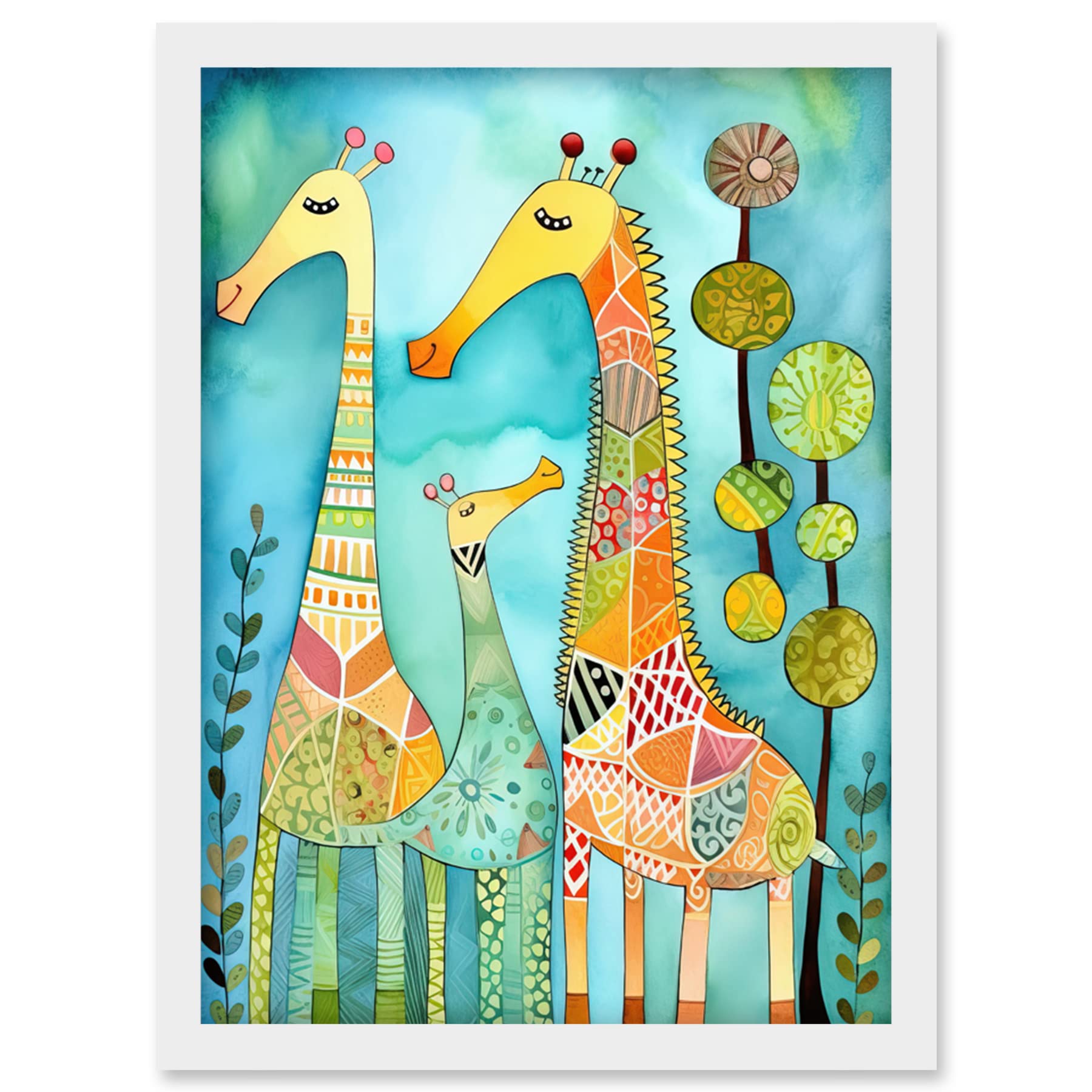 Artery8 Folk Art Giraffes Fun Cute Kids Bedroom Painting Artwork Framed Wall Art Print A4