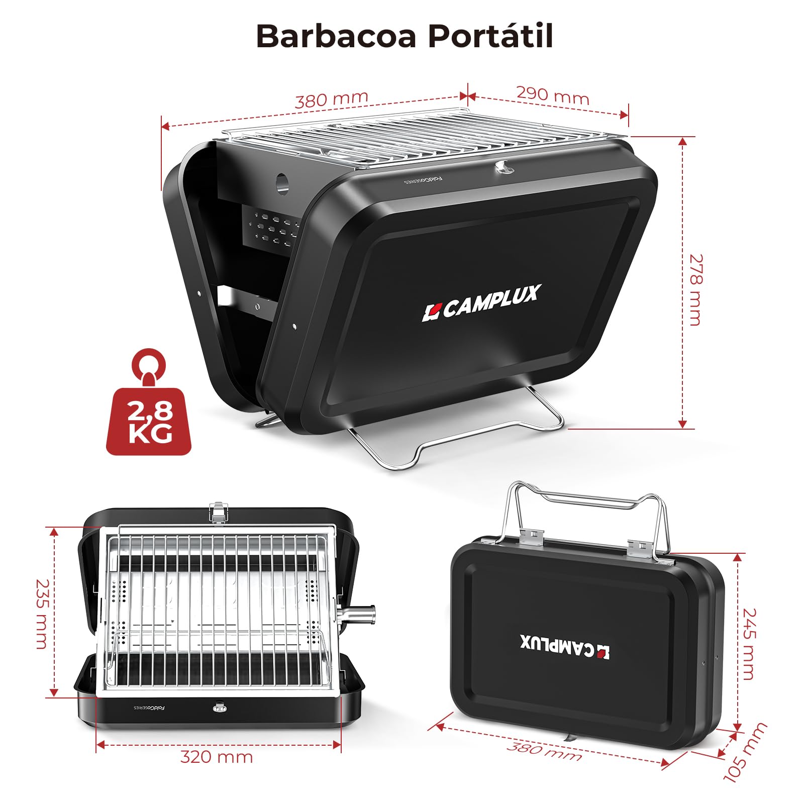 CAMPLUX FoldGo Parrilla a Gas Portátil, 2-in-1 a Gas y Carbone, FG16GB | 2 kW, Rejilla 32x23,5 cm, Diseño Plegable Compacto, Ideal para Camping, Jardín, Balcón y Viajes