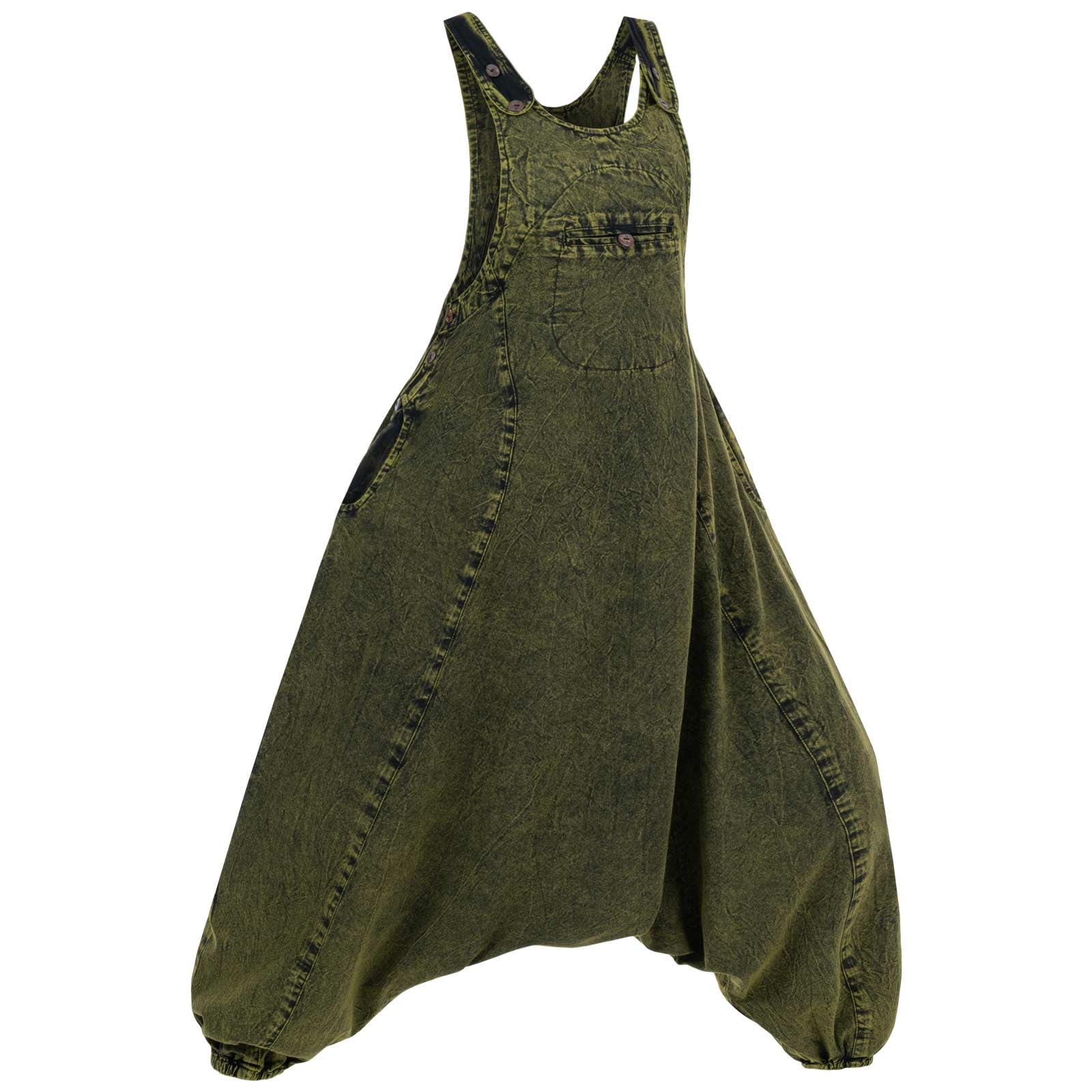 Kunst und Magie Damen Latzhose Hippie Haremshose Goa Hose Boho 70er Jumpsuit Overall Stonewashed Catsuit