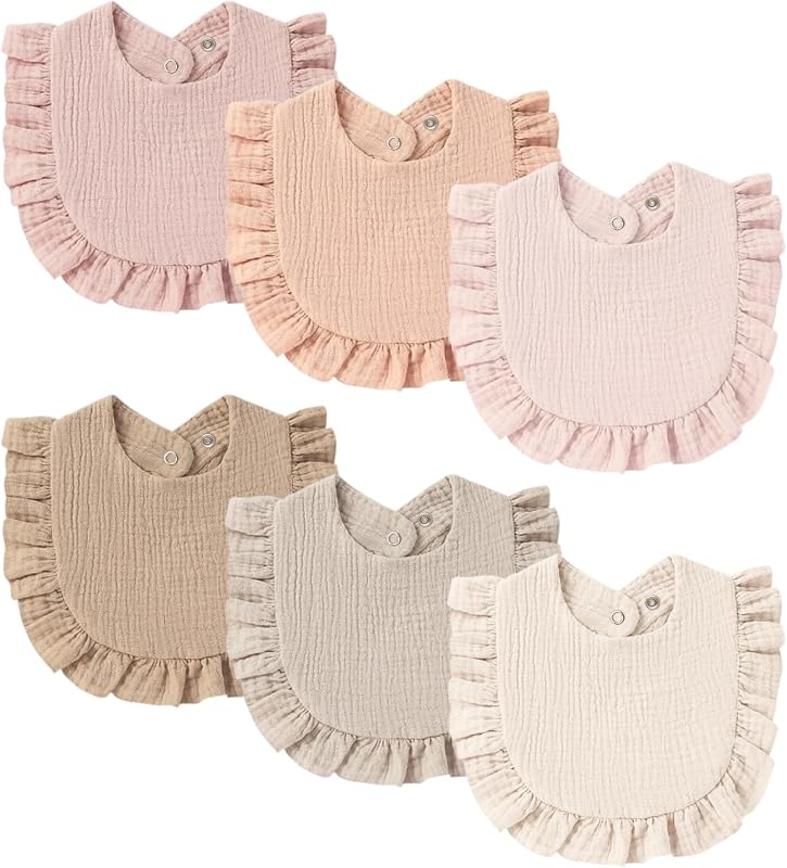 Muslin Baby Bibs, Ruffle Edge Drool Bibs, 6-Pack | 100% Muslin Cotton, Designed for Teething & Drooling Babies, Soft & Absorbent, for Boys & Girls, Newborn to Toddler (Pink)