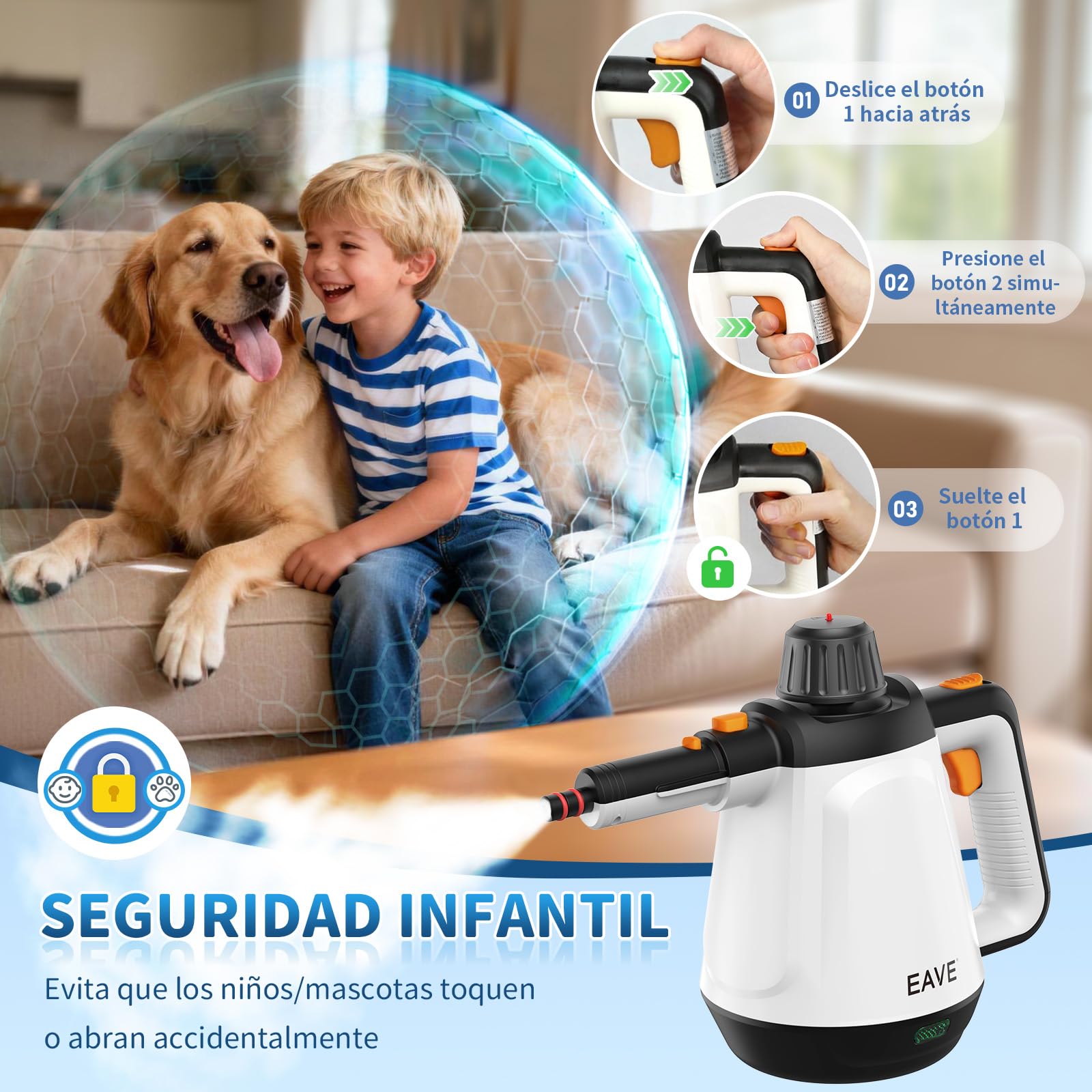 Vaporeta de Mano, 110℃ Limpiador a Vapor para una Limpieza Eficiente, Versátil Vaporeta con 10 Accesorios y Cable de 5m, Steam Cleaner para Sofás, Alfombras, Juntas, Limpieza sin Químicos (Blanco) — view 6
