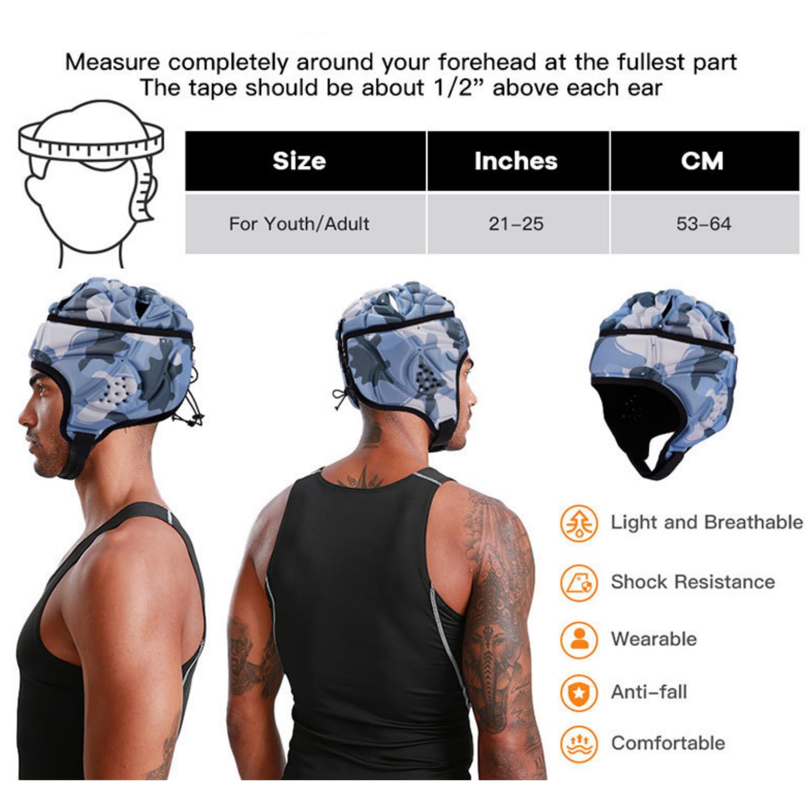 Rugby Helmet Football Headgear with Chin Strap Soft Padded Soccer Youth Head Protector Cap Hockey Headguard Hat for Youth and Adult