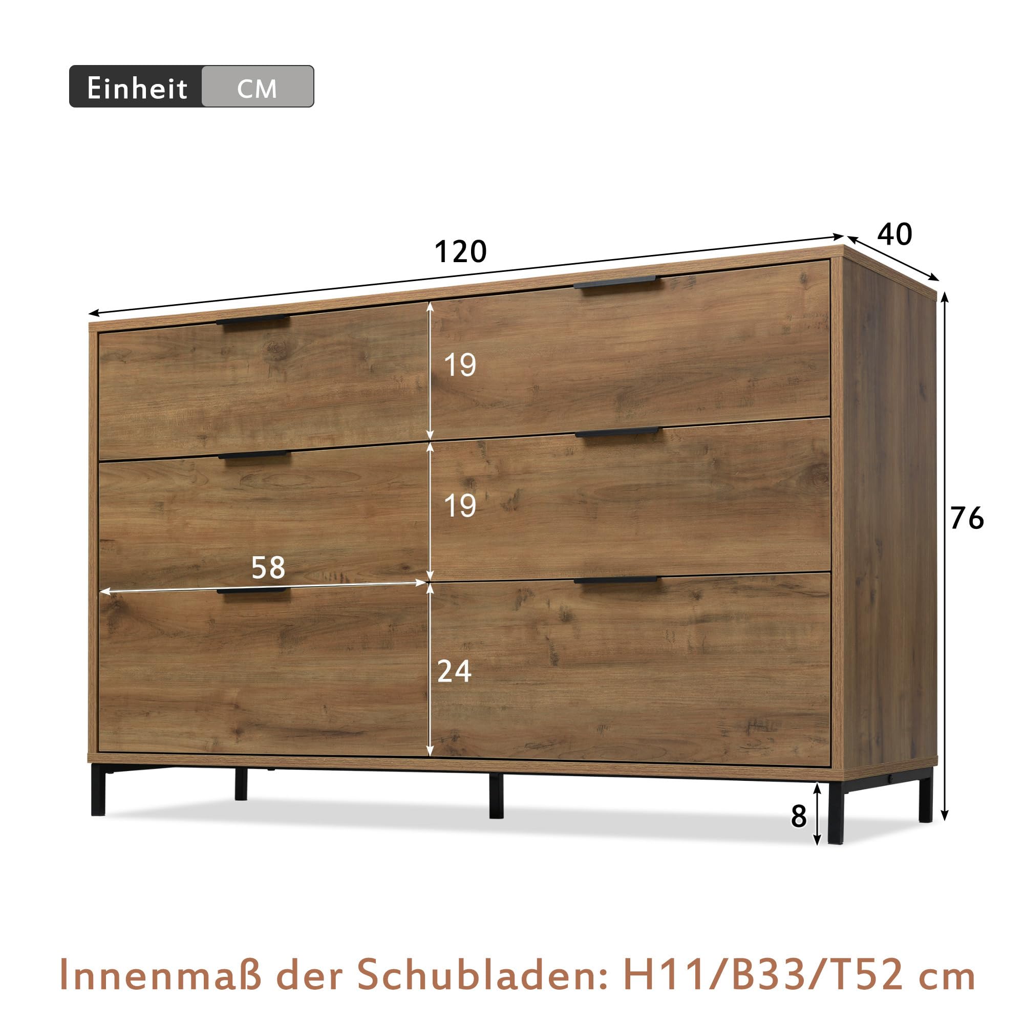 MURUL Cassettiera con 6 cassetti, credenza per camera da letto e tutti gli spazi abitativi, 120 x 40 x 76 cm, in rovere scuro (rovere scuro)