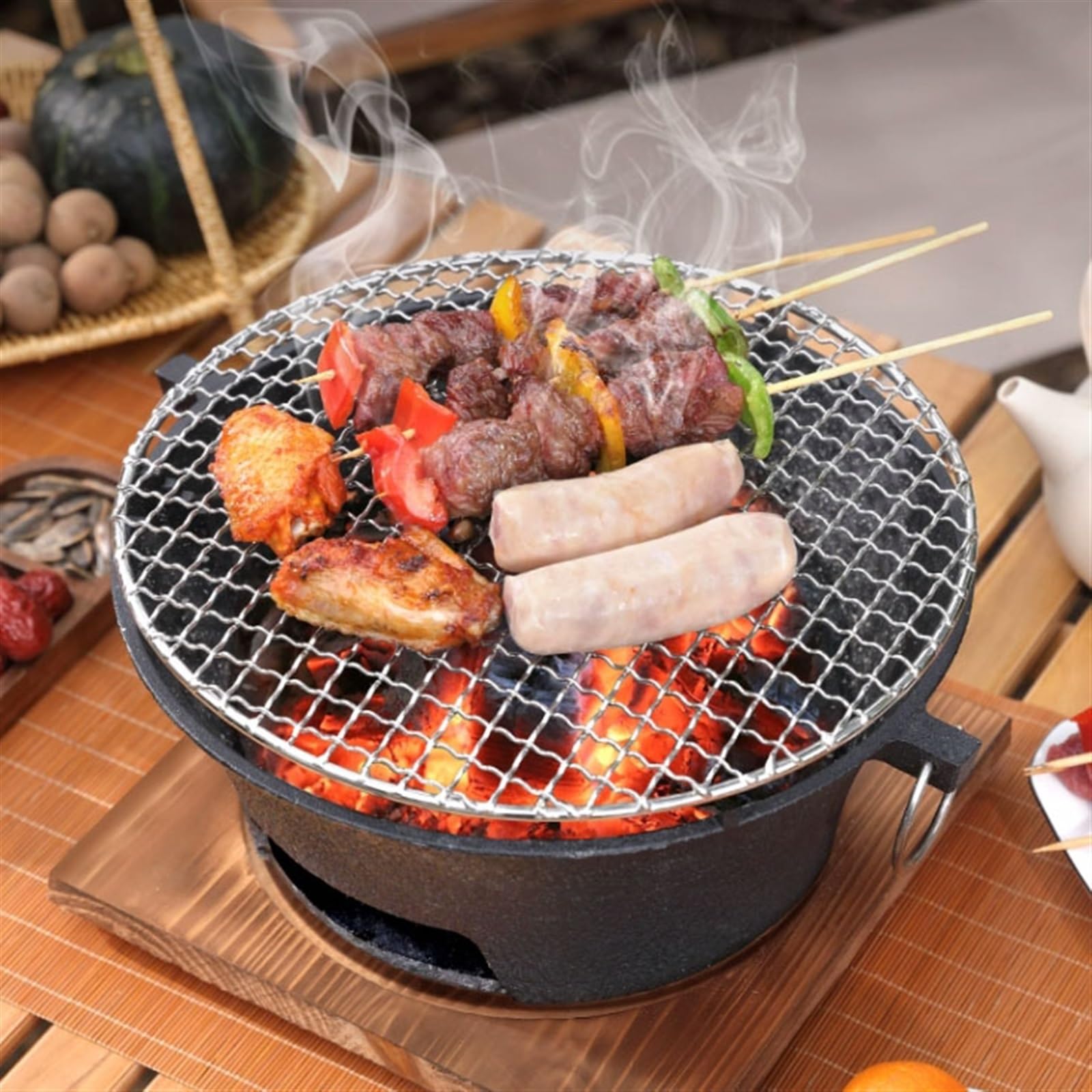 Portátil Parrilla de carbón for barbacoa hierro fundido grueso, estufa calefacción for interiores y exteriores, horno antiadherente con bandeja for asar red for parrilla Cámping(Middle)