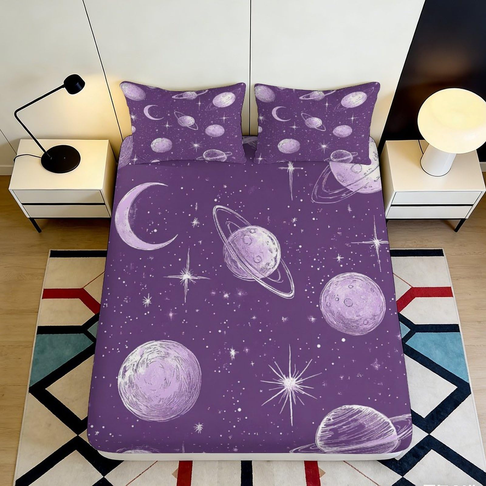Uynsixtme Style-2 3D Printed Purple Galaxy Fitted Sheet Microfiber Deep Pocket Bedroom Bedding Set Planet Mattress Fitted Cover Non-Slip Breathable For Adults 140X200x25cm