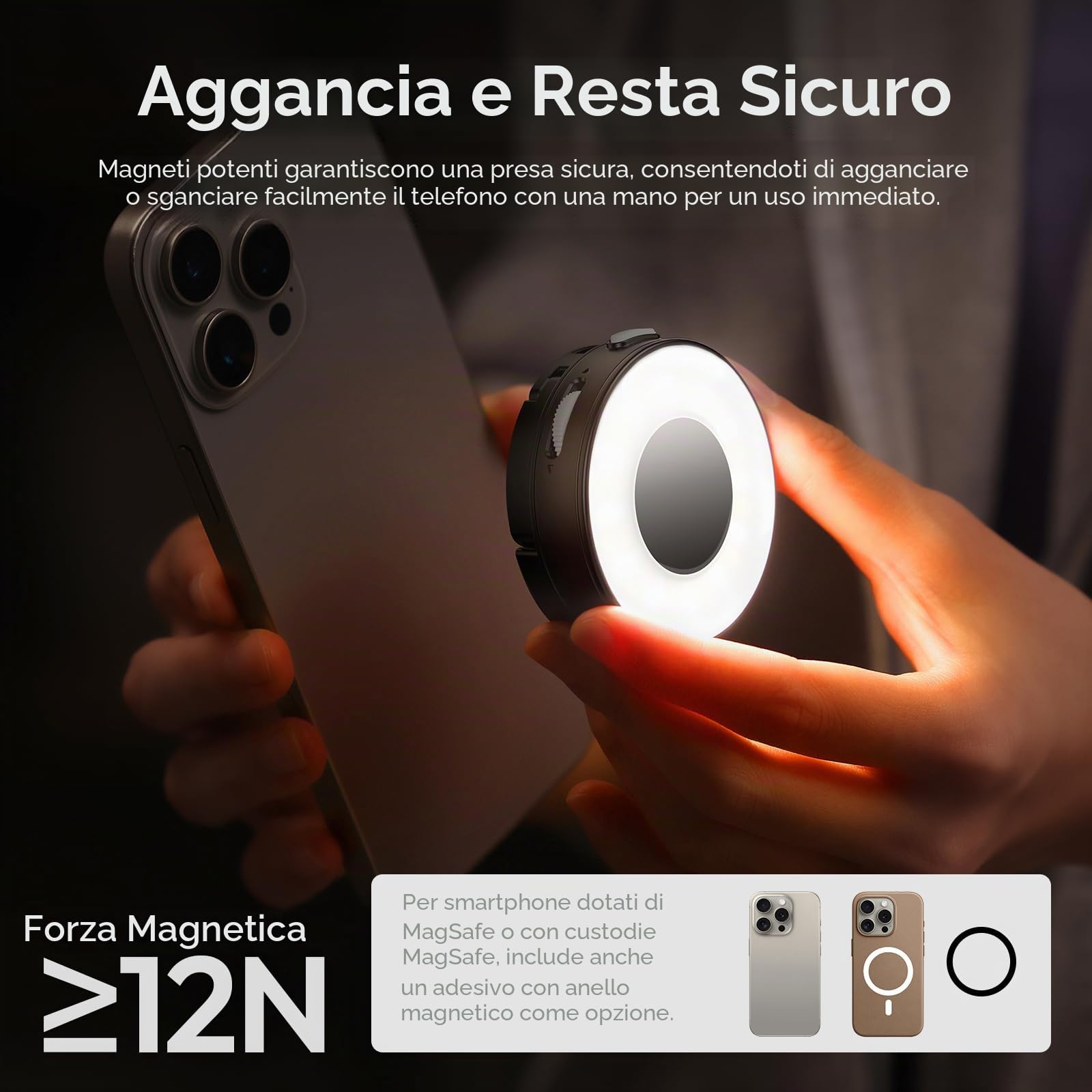 ULANZI ML05 Luce selfie per telefono, Luce ad anello magnetica per selfie con specchio, 9000K CRI≥97, Ring light portatile per smartphone ad angolo completo per viaggi, vlog, foto e video, Nero