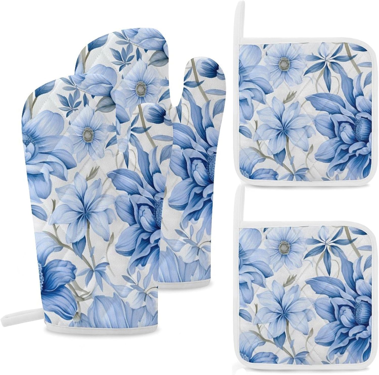 Penis Peony Flower Print 4 Pcs Oven Mitts and Pot Holders Set High Heat Resistant Long Kitchen Oven Glove Potholders