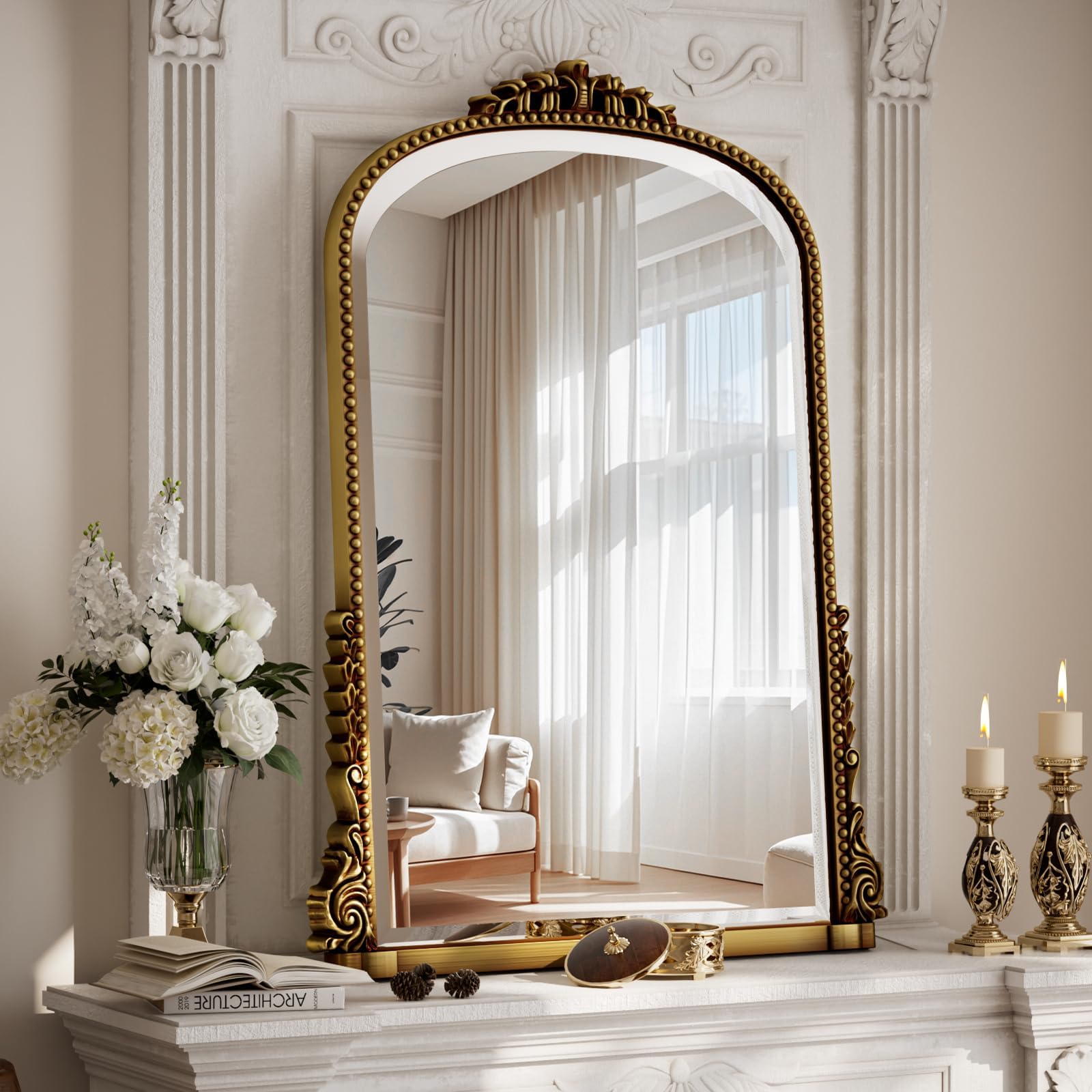 40x28 Beaded Arched Mirror, Bathroom Mirror for Over Sink, Metal Frame Wall Decor for Entryway, Bedroom, Living Room, Gold