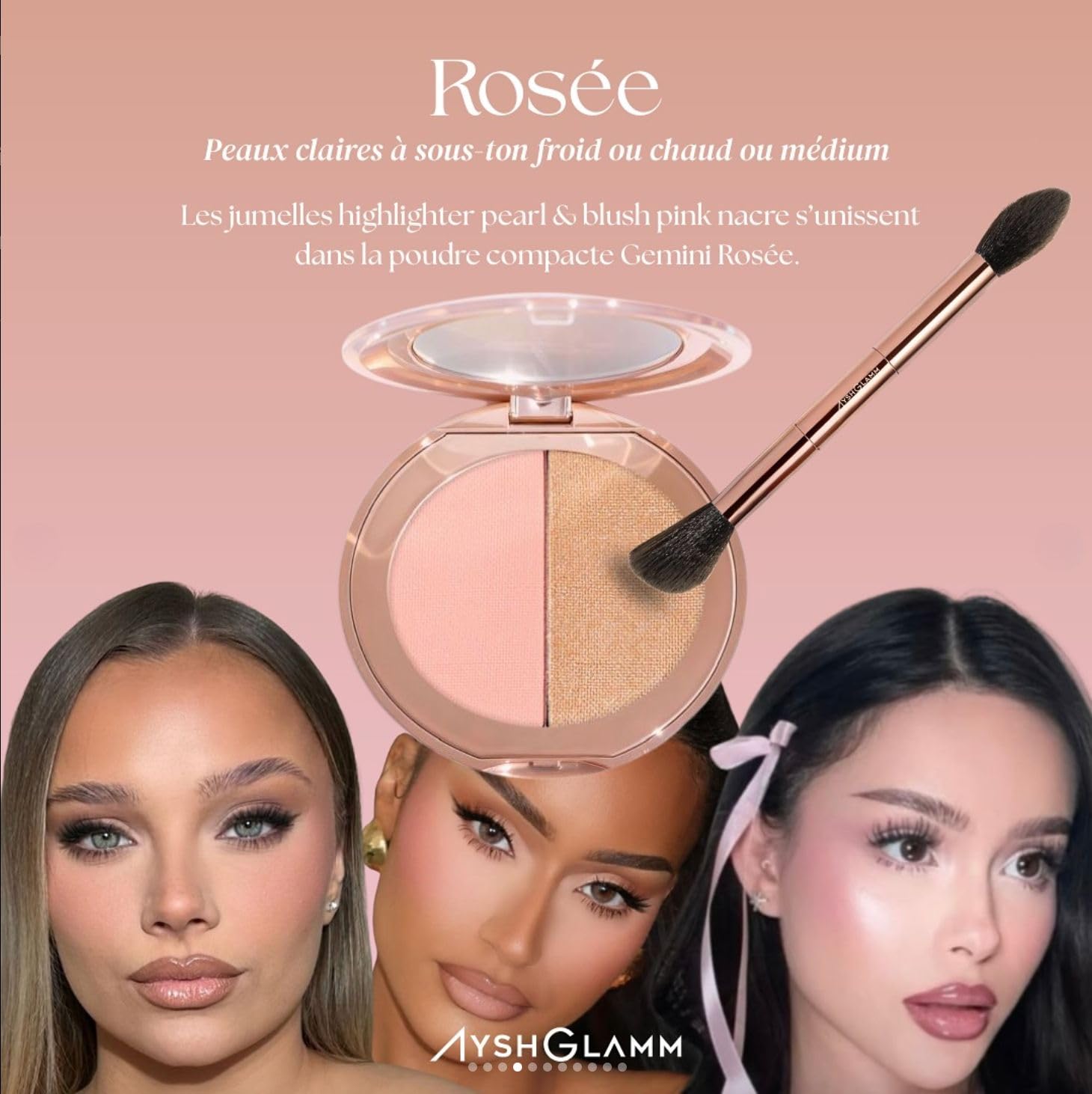 Ayshglamm | Pinceau Kit Gemini Touch & Duo Poudre Rosée | Blush Rosé & Highlighter Perlé | Glow Doux & Harmonieux pour Teints Clairs à Moyens