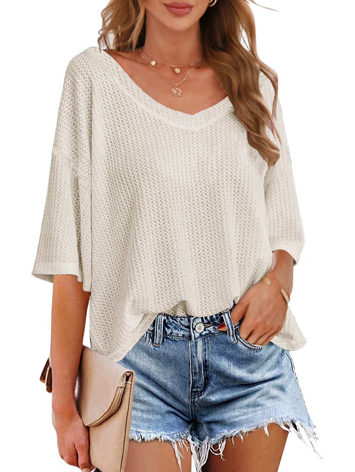 MEROKEETYWomen's V Neck Batwing Half Sleeve Shirts Waffle Knit Loose Blouse Solid Color Tops