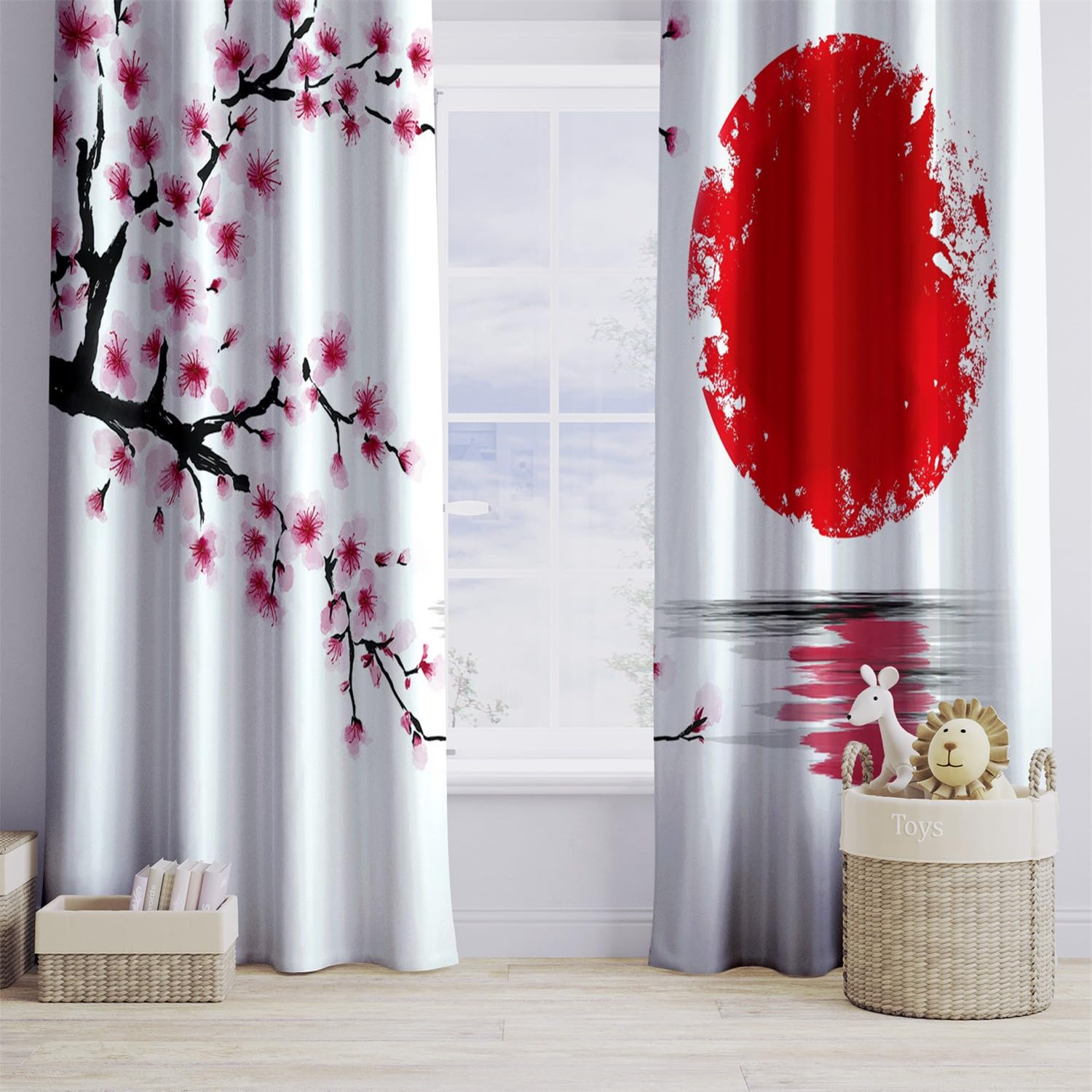 Japoński styl malowanie tuszem zasłony zaciemniające blokujące ciepło do salonu sypialnia 91,5 l x 214 cm (2 panele) zasłony dekoracyjne z oczkami różowy czerwony