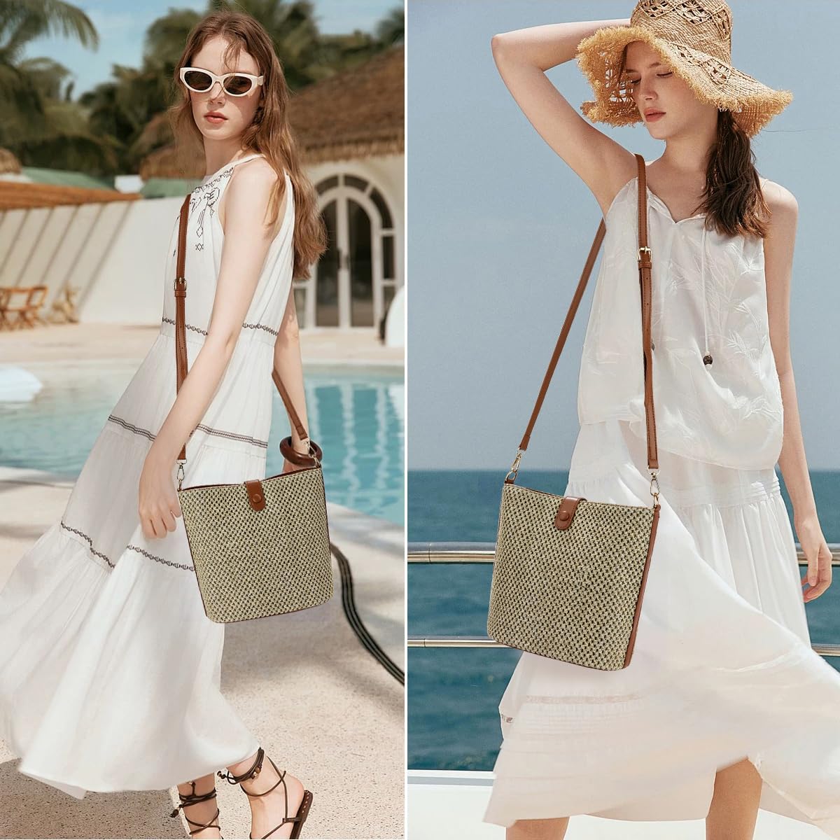 ALARION Straw Crossbody Bags for Women Summer Woven Beach Bag Raffia Shoulder Bag Leather Straps Straw Clutch Purse Vacation