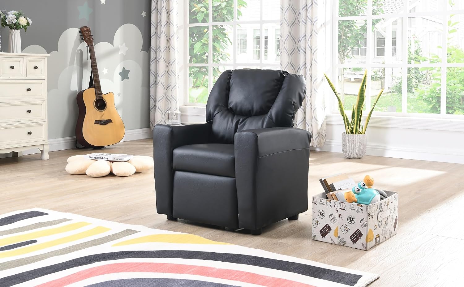 Recliner Chair Black PVC - Durable Recliner with Cup Holder, Ergonomic Design, Weight Capacity 150 lbs
