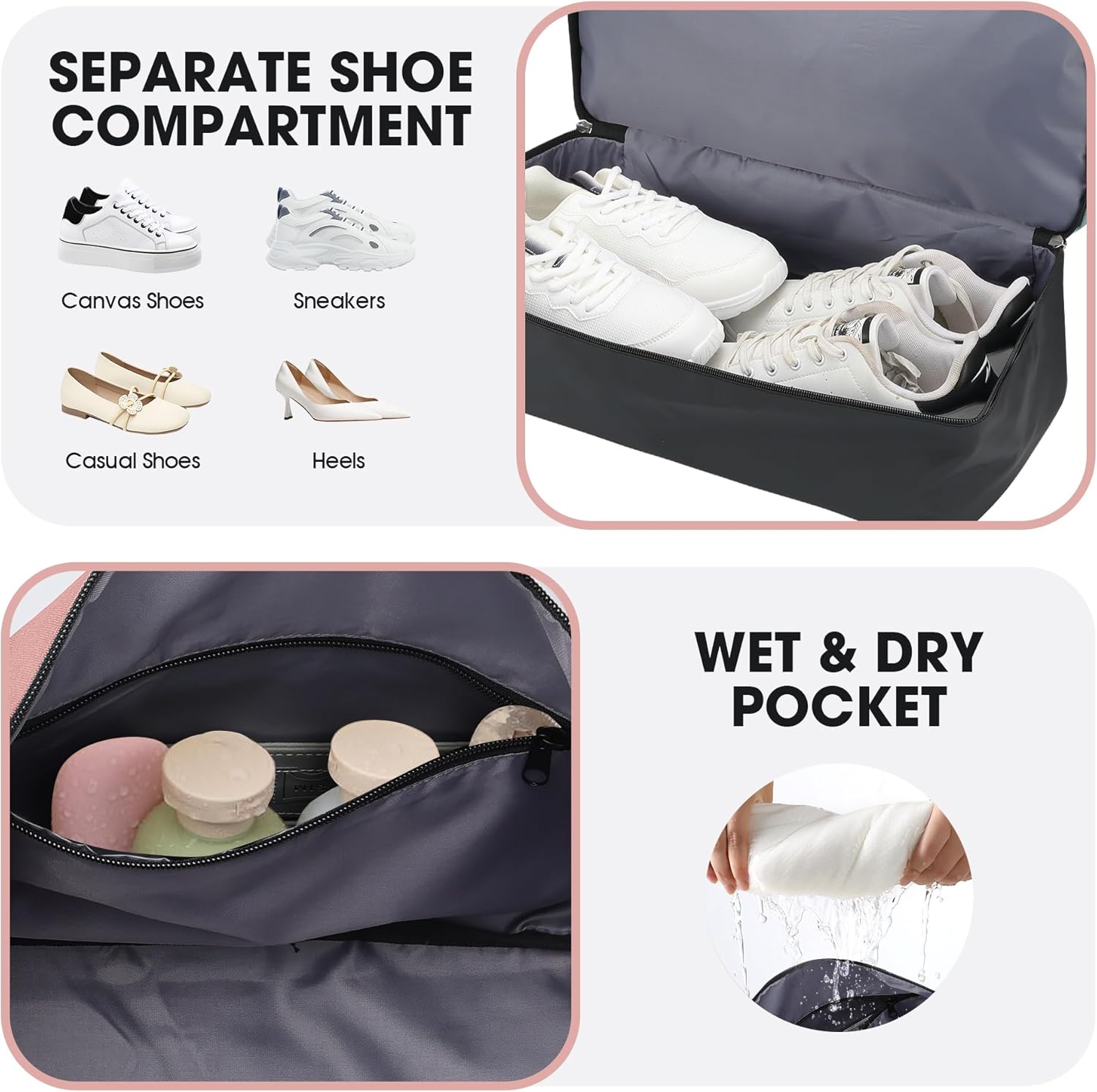 Oeihuivt Weekender Bags for Women - 21 Inch Large Travel Duffel Bag 2-Piece Set with Shoe Compartment, Heavy-Duty Canvas Leather Carry On Overnight Tote - Image 4