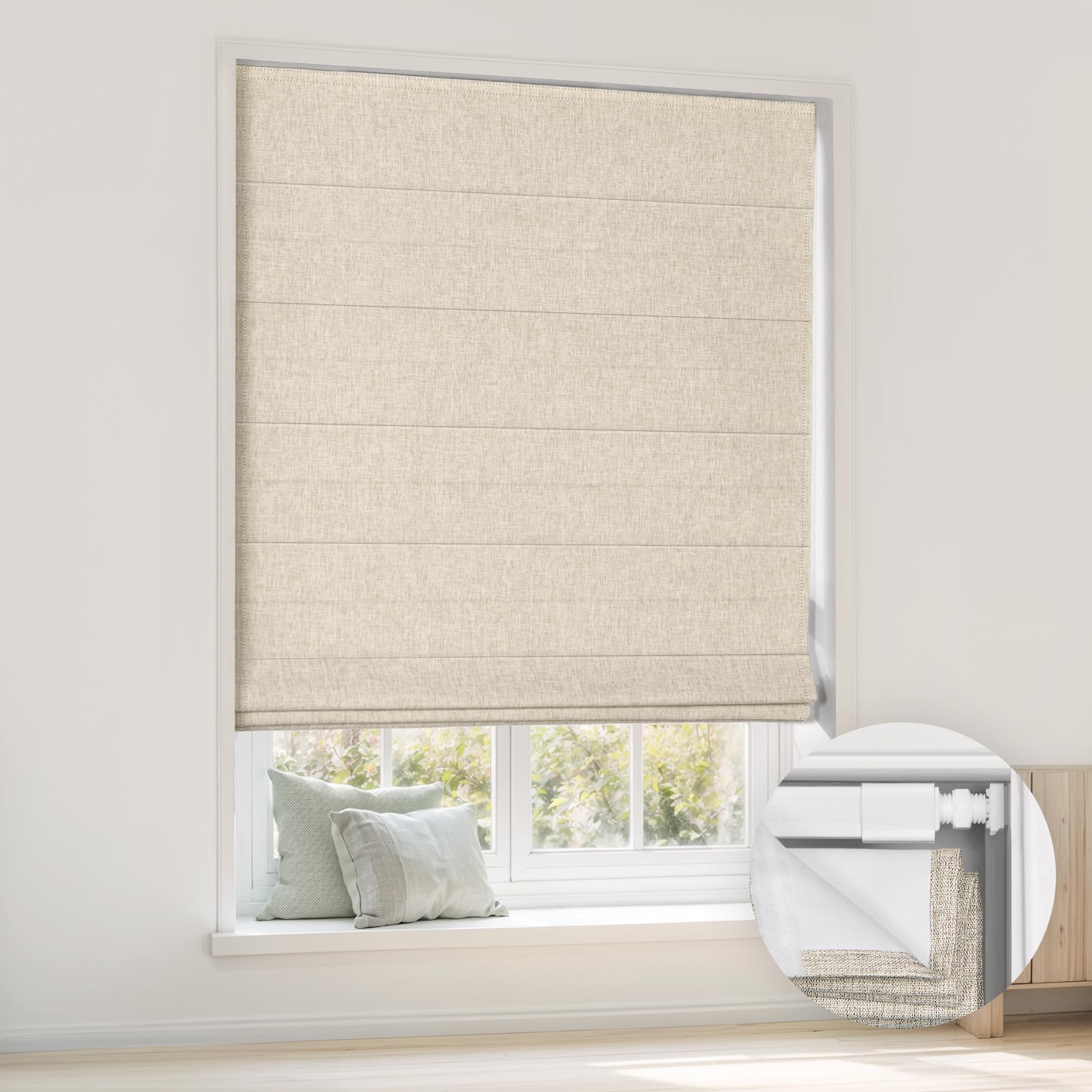LazBlinds No Drill Cordless Roman Shades, 39'' W x 64'' H, Beige, Blackout - Beige, 39" W × 64" H