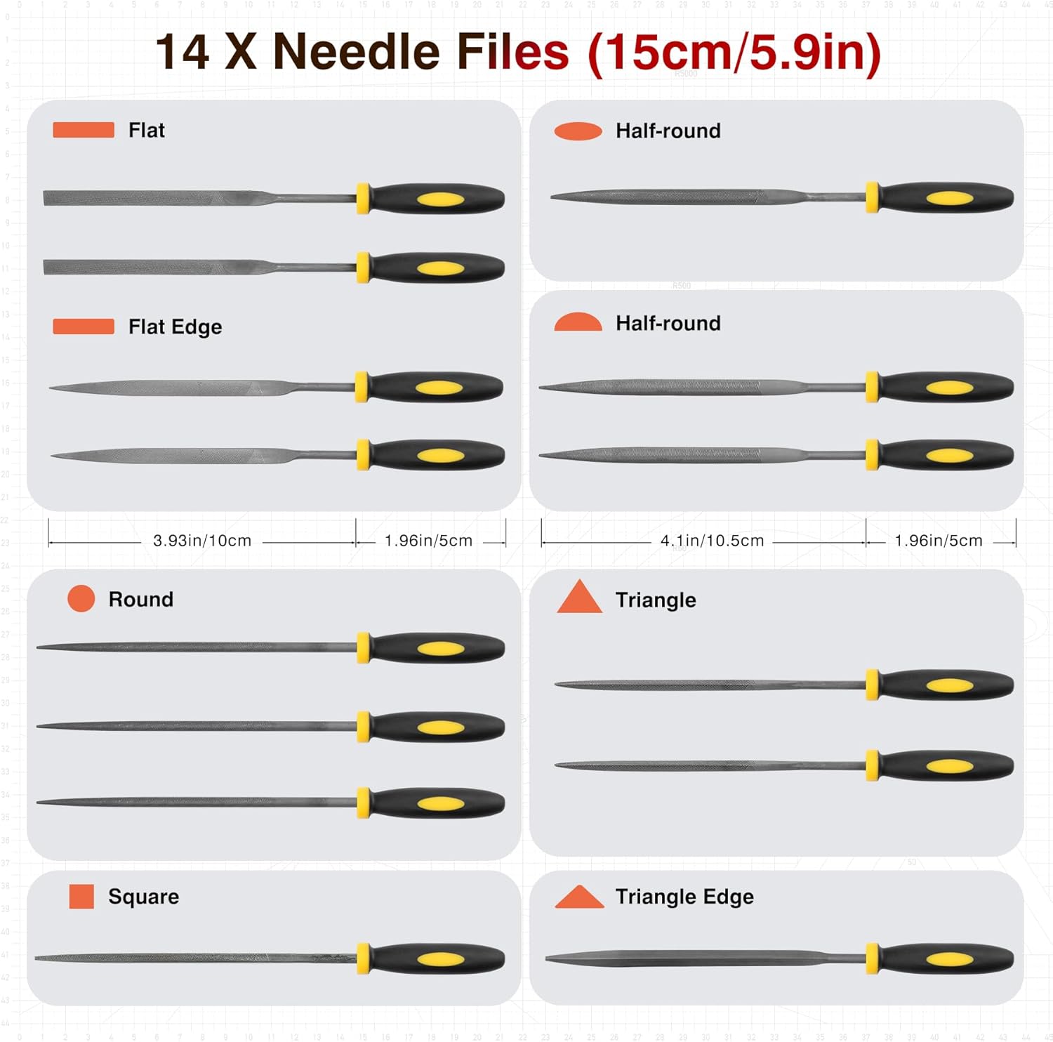 20Pcs Files Set - Premium Carbon Steel Metal File-Set with Suitcase, Flat/Triangle/Half-Round/Round Large Files& 14 x NeedleFiles & Cleaning Brush, Perfect for Wood, Metal Work & DIY Project