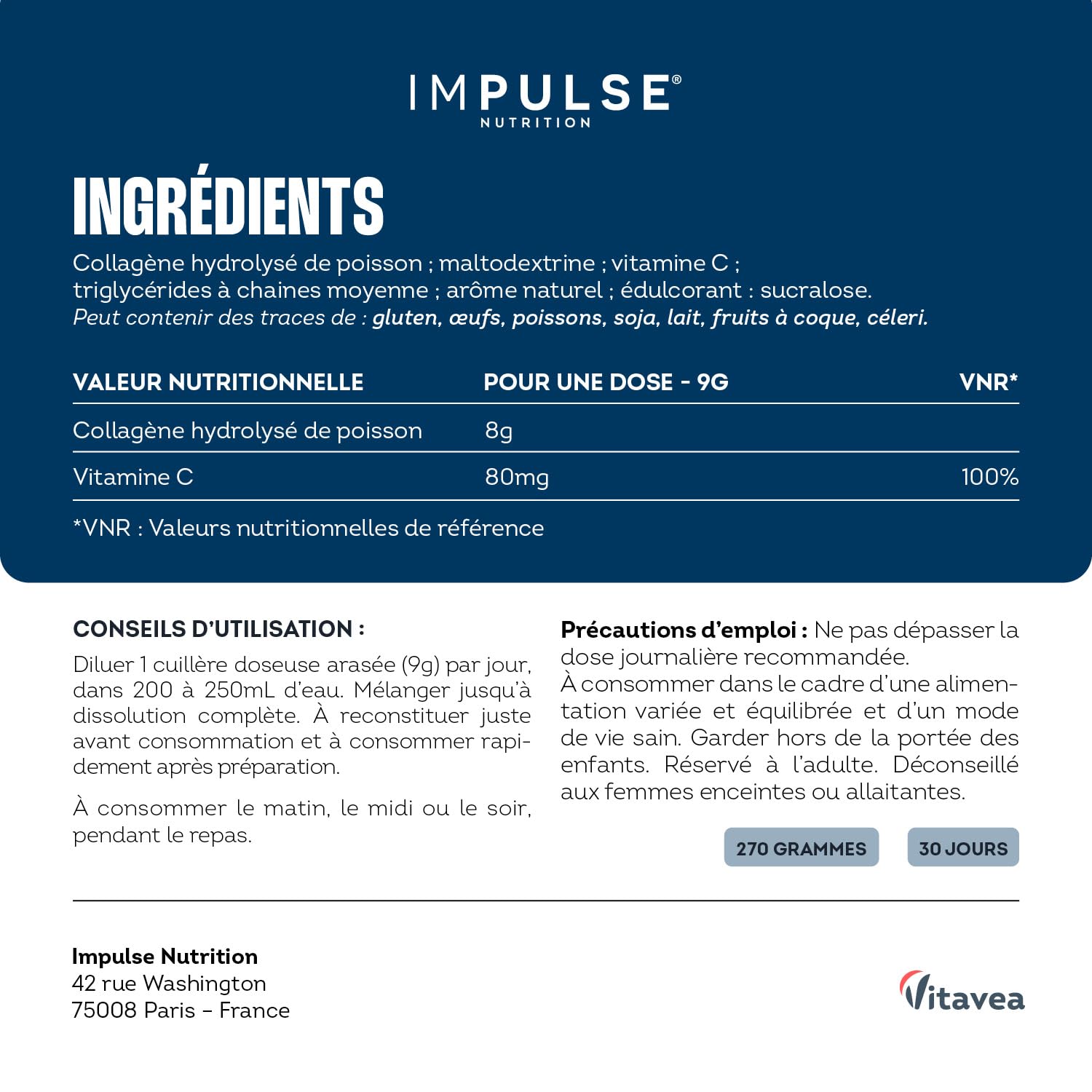 Impulse Nutrition - Collagène Marin Hydrolysé Type 1 Peptan® en Poudre avec Vitamine C - Complément Alimentaire Récupération, Articulations & Peau - 270g - Goût neutre - Fabriqué en France