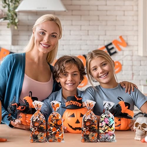 Miniatura 7 de LOKIPA Bolsas de celofán para dulces de Halloween, 150 piezas, bolsas de regalo con lazos giratorios para suministros de fiesta (3 estilos)