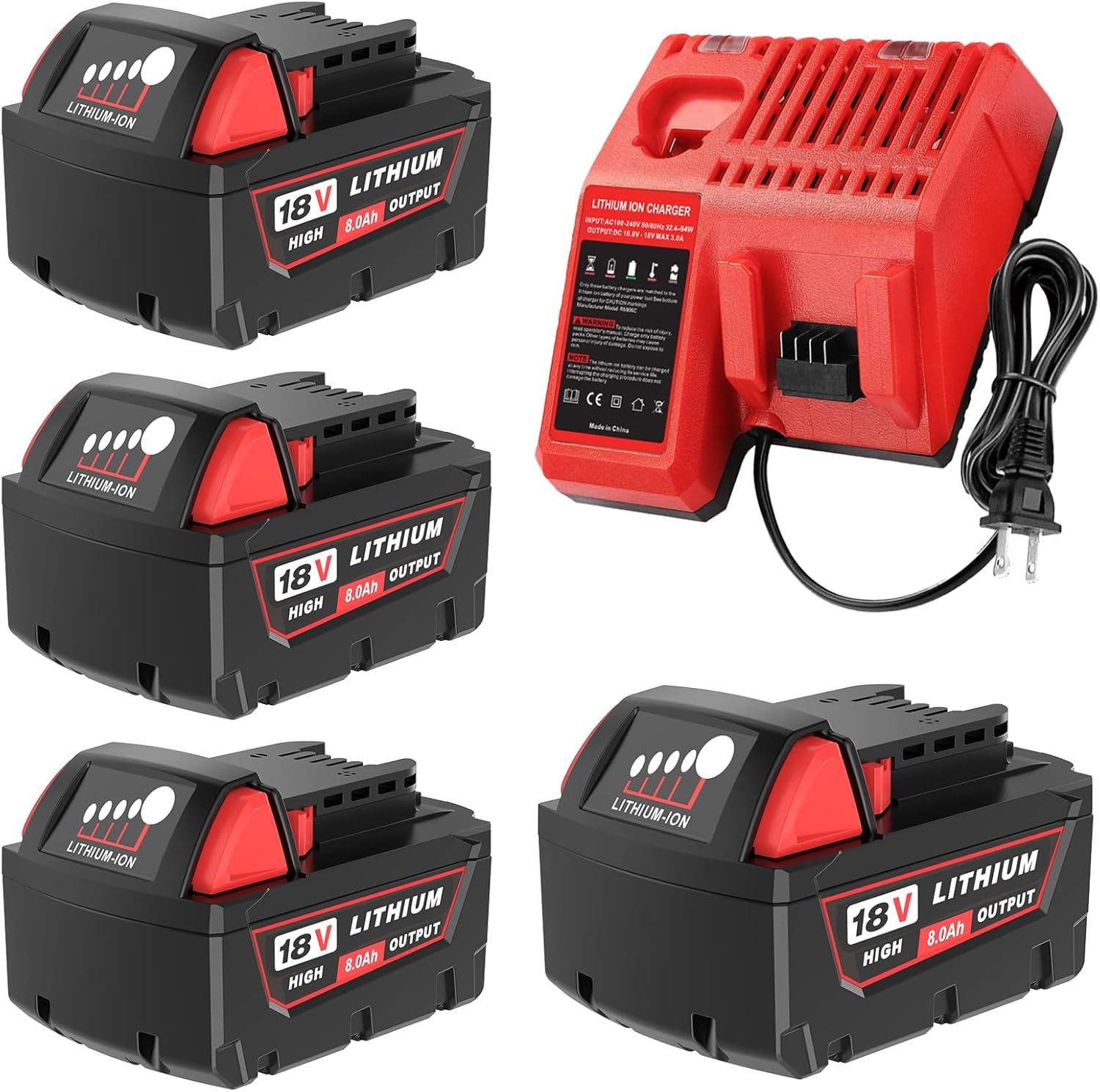 4 Pack 8.0Ah Extended Runtime Lithium-Ion Battery Replacement for Milwaukee 18V Battery 48-11-1862 48-11-1852 48-11-1880 48-11-1882 Compatible with Milwaukee 18 Volt Batteries Cordless Tools(Red）