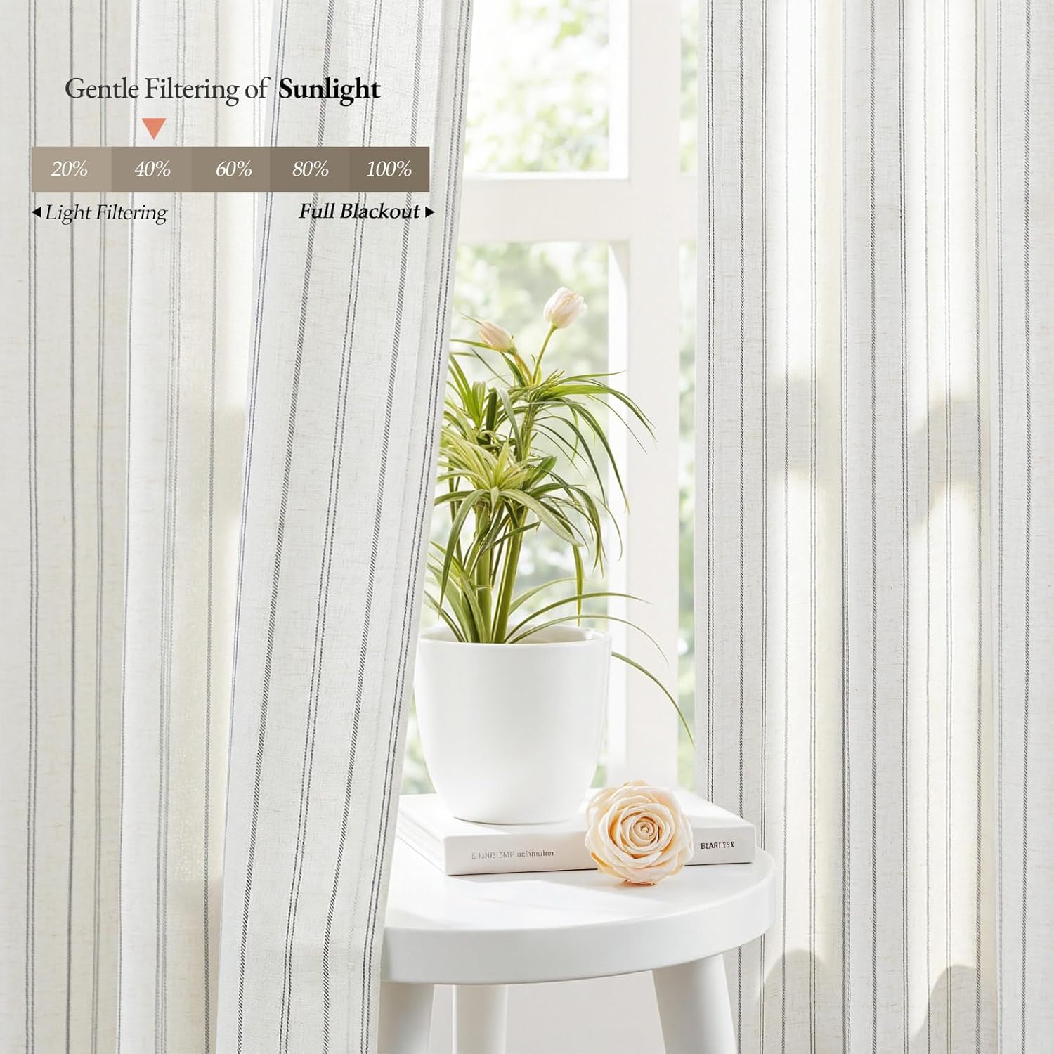 Grey Striped Linen Curtains, 96 Inches Long for Living Room and Bedroom, Semi Sheer Light Filtering Drapes with Grommet Top,Farmhouse Rustic Window Treatment,2 Panels,52" W x 96" L