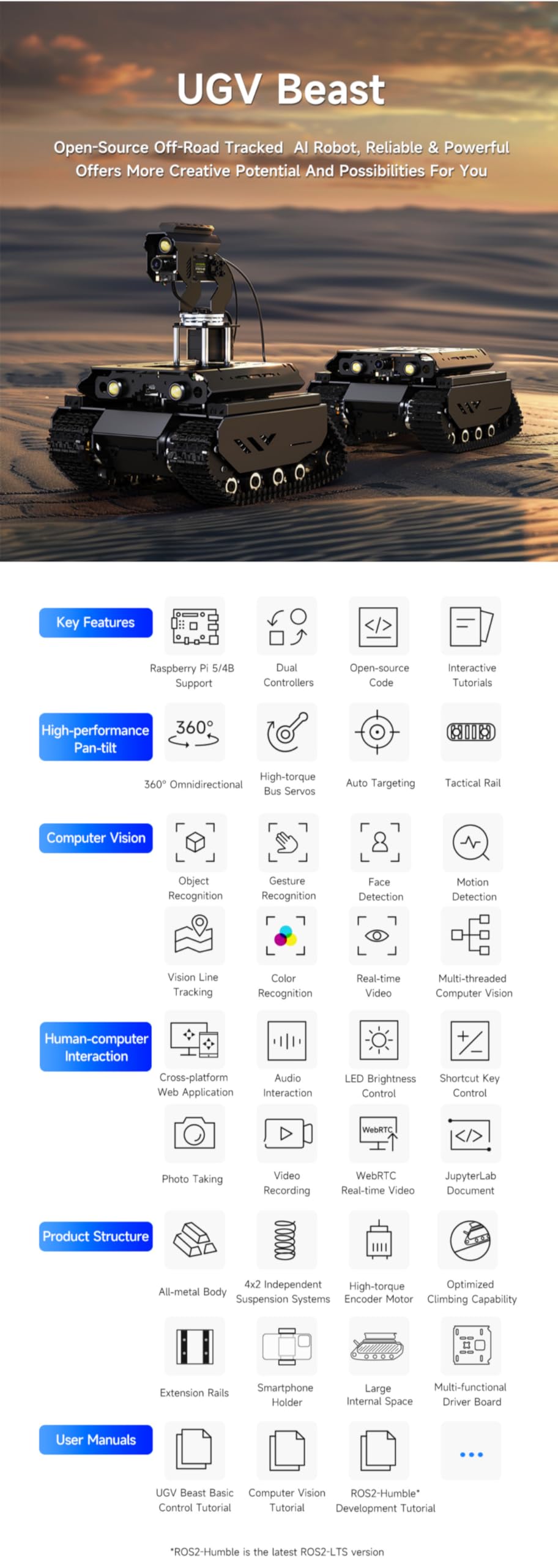 TUOPUONE UGV Beast Open-Source Off-Road Tracked AI Robot Compatible with Raspberry Pi 4B Dual Controllers All-Metal Body Computer Vision with RPi4B and Pan-Tilt Module
