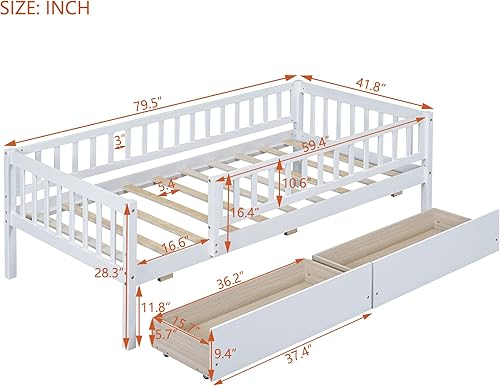 Miniatura 8 de Base de cama de tamaño matrimonial con barandillas de valla y cajones de almacenamiento, camas infantiles de madera estilo Montessori con soporte de