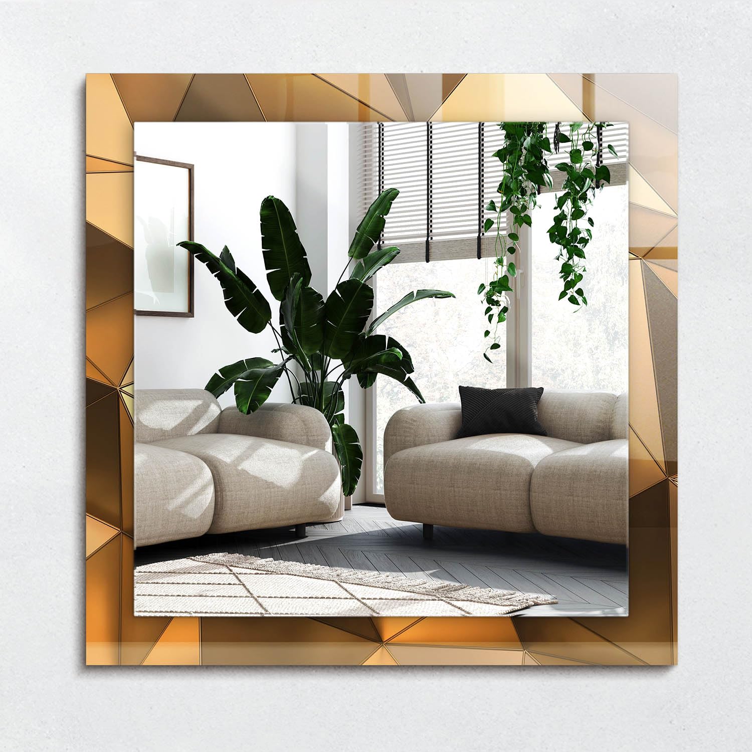 Miroir avec impression 60x60 cm carré à motifs géométriques dorés pour salon