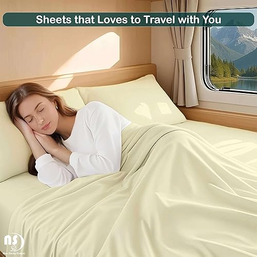 Miniatura 3 de NON Sticky cotton Juego de sábanas cortas de algodón egipcio de alta calidad para caravana, 4 piezas, bolsillo profundo de 15 pulgadas, suave, fácil
