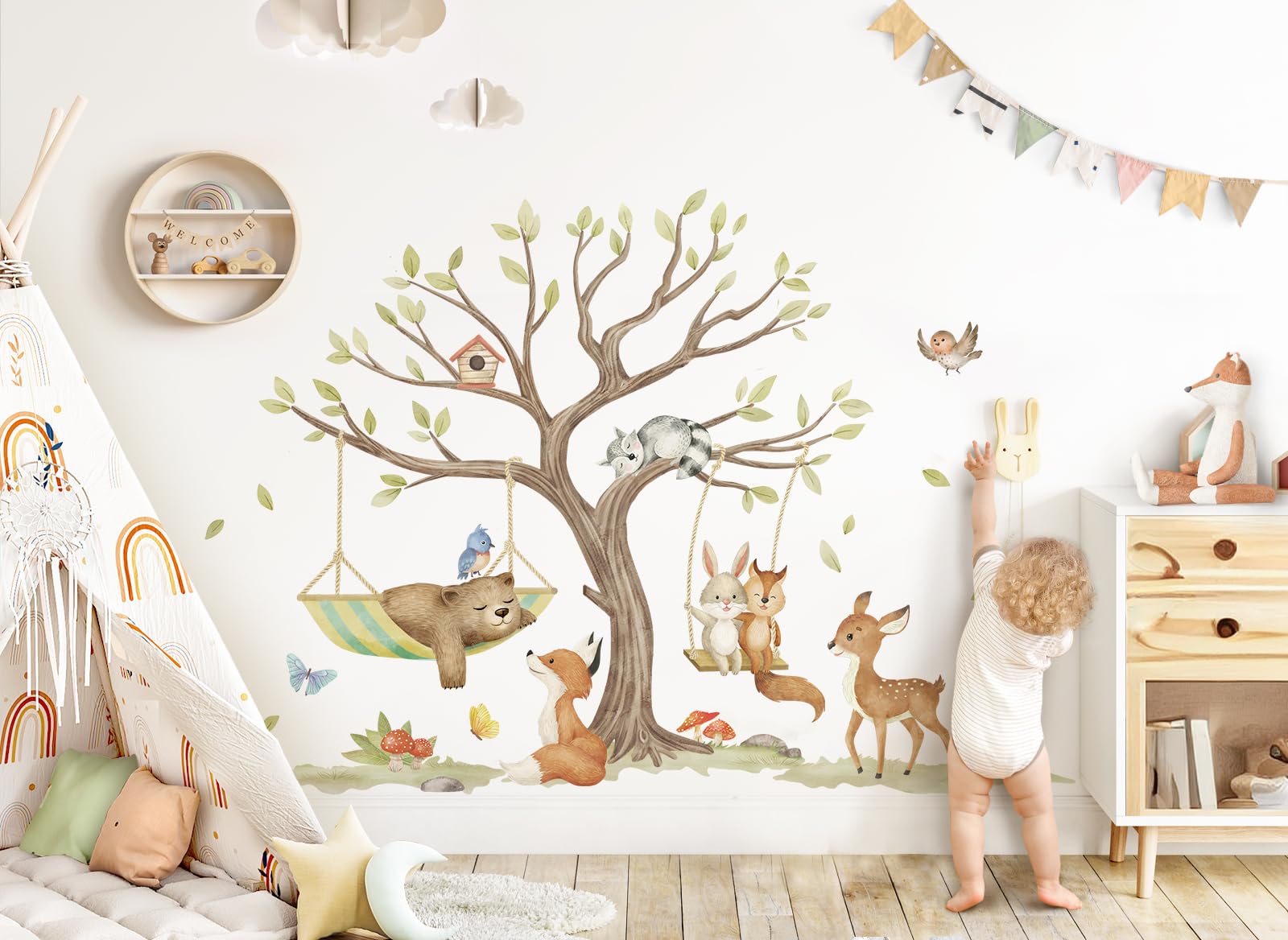 Wandtattoo Waldtiere Baum Wandsticker für Babyzimmer Bär Fuchs REH Wandaufkleber Kinderzimmer Schlafzimmer Wanddeko DK1134-05