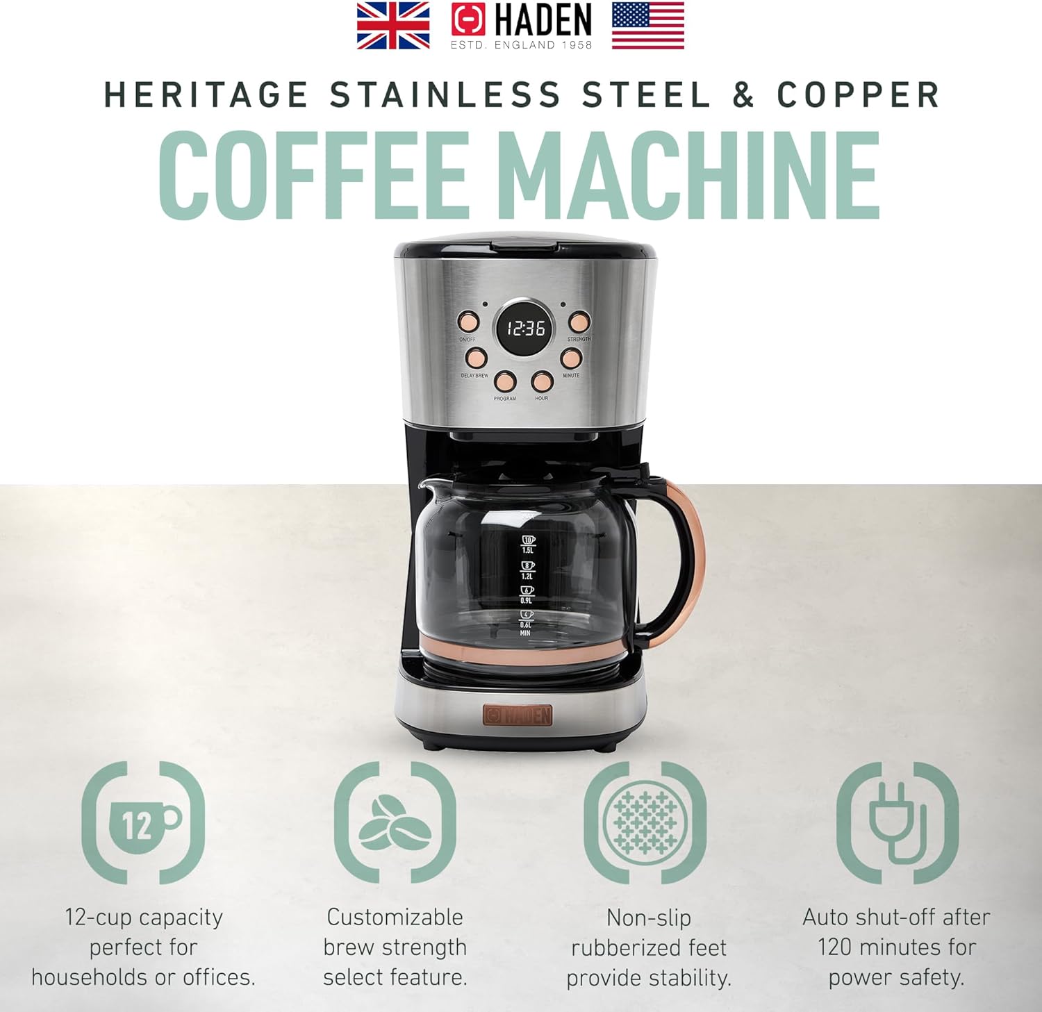 Haden 12-Cup Programmable Steel & Copper Drip Coffee Maker