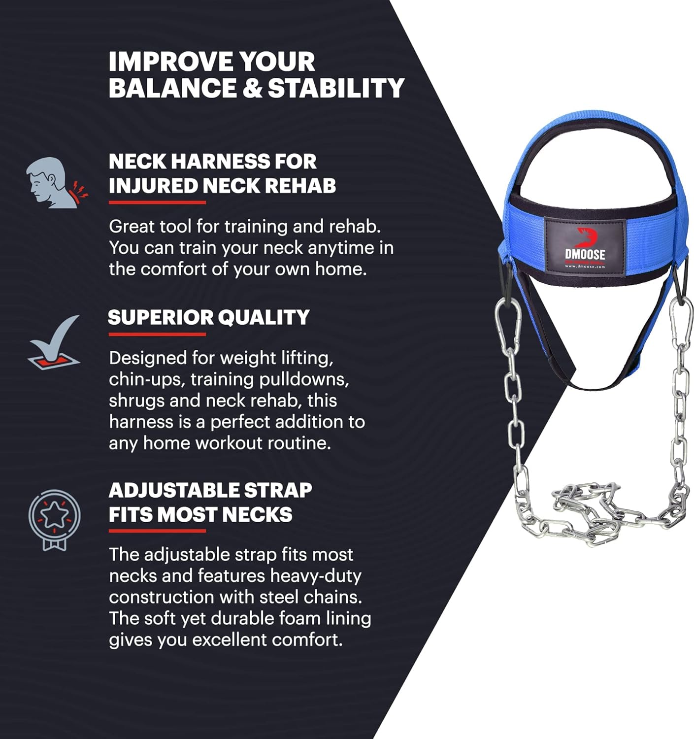 DMoose Neck Harness for Weight Lifting Neck Workout Builder Equipment for Training Gym Exerciser Head Harness Injury Recovery with Adjustable Long Steel Chain and Strap Improve Muscle Strength : Sports & Outdoors