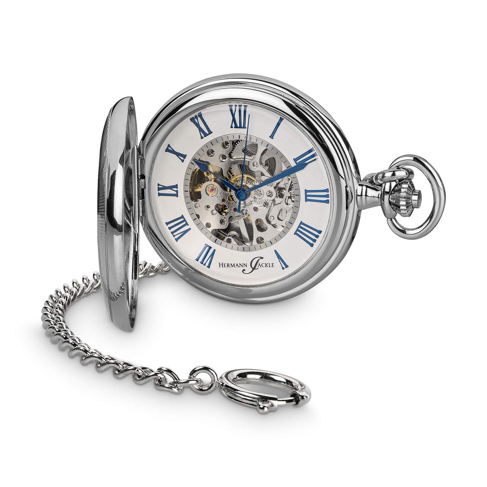 Hermann Jäckle Herren Taschenuhr Ettlingen Skelett 50 mm | Skelett-Design, Handaufzugswerk, Double Hunter Gehäuse, römische Ziffern, inklusive Kette und Reiseetui