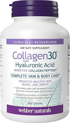 Webber Naturals Collagen30 con ácido hialurónico, péptidos de colágeno bioactivos, 180 tabletas, ayuda a reducir las arrugas de los ojos y la línea