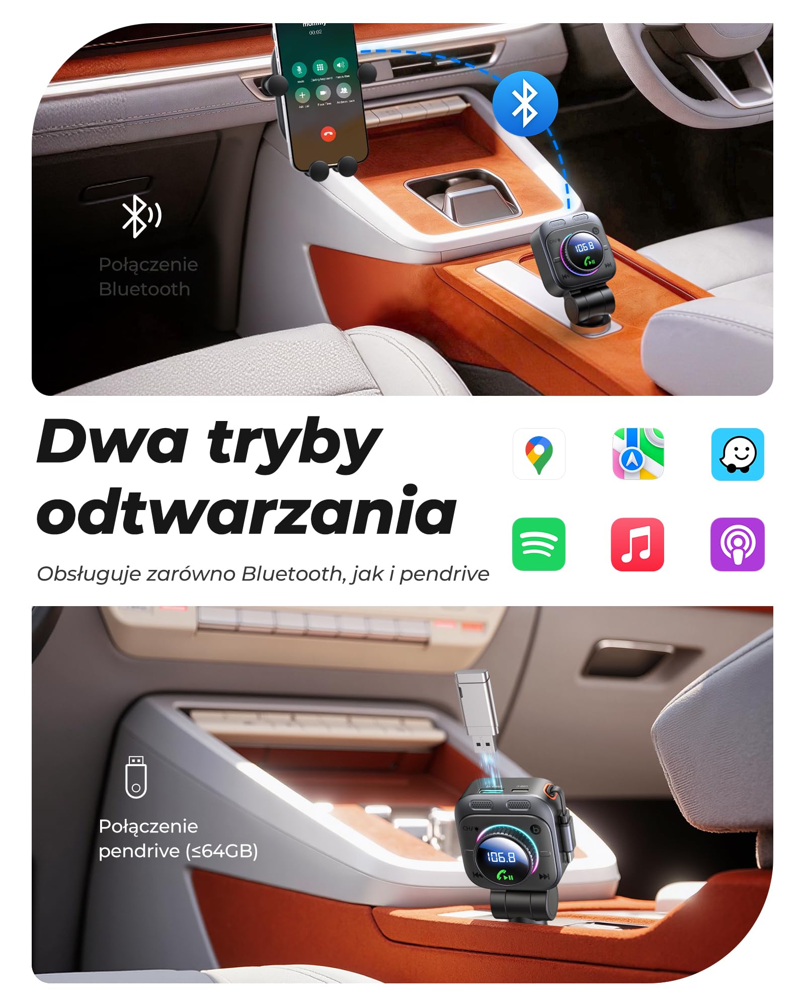 LENCENT Samochodowy nadajnik FM 72 W, Bluetooth 5.4, adapter Bluetooth | z wyciąganym kablem do ładowania, zapalniczka z gniazdem USB-C, basem i zestawem głośnomówiącym, muzyczny, obracany o 180