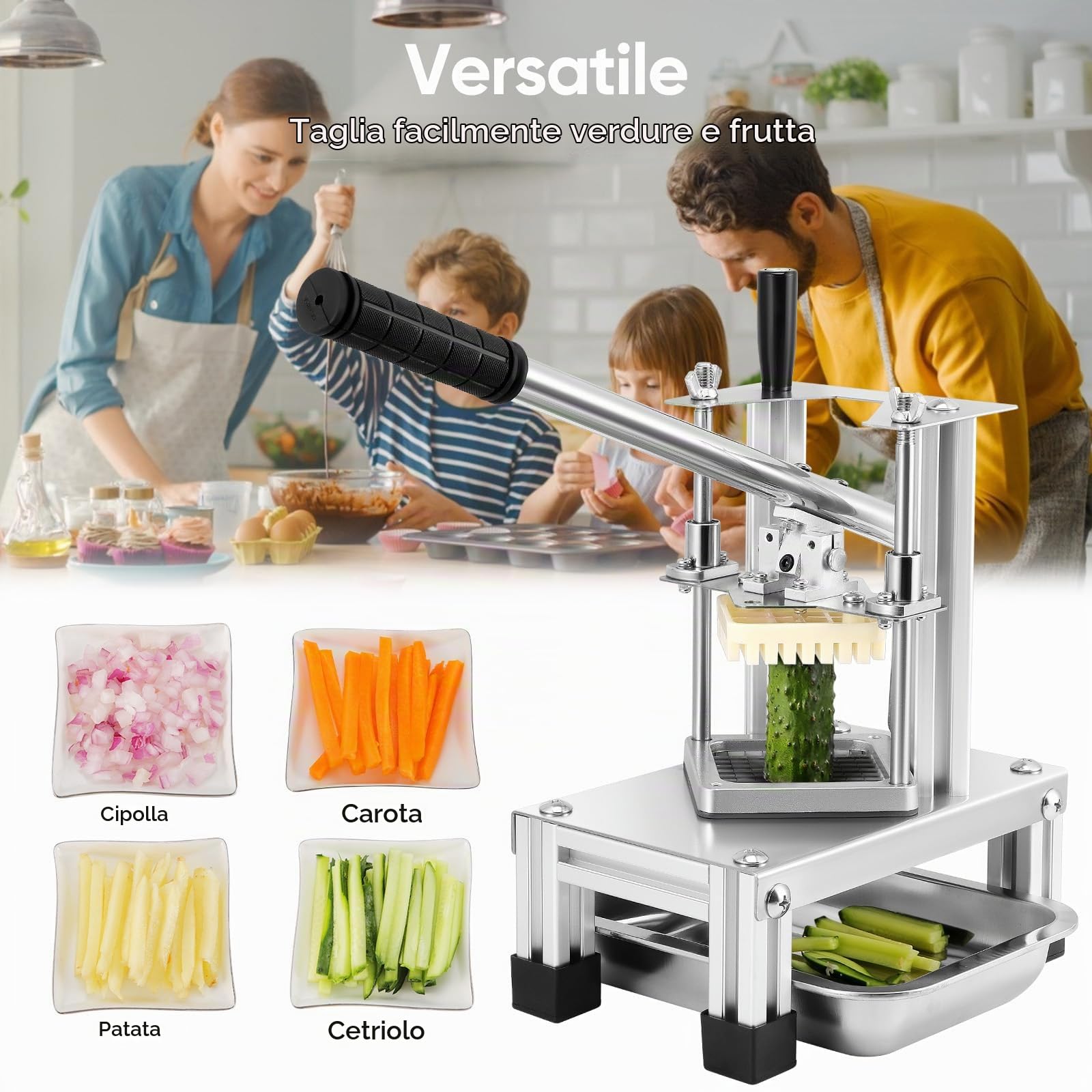 Taglia Patate Fritte Professionale, Tagliapatate per Patate Fritte Tagliaverdure con Lame in Acciaio Inossidabile 304 di Dimensioni 1/4" 1/2" 3/8"e Piastra Alimenti (Kit, 1)