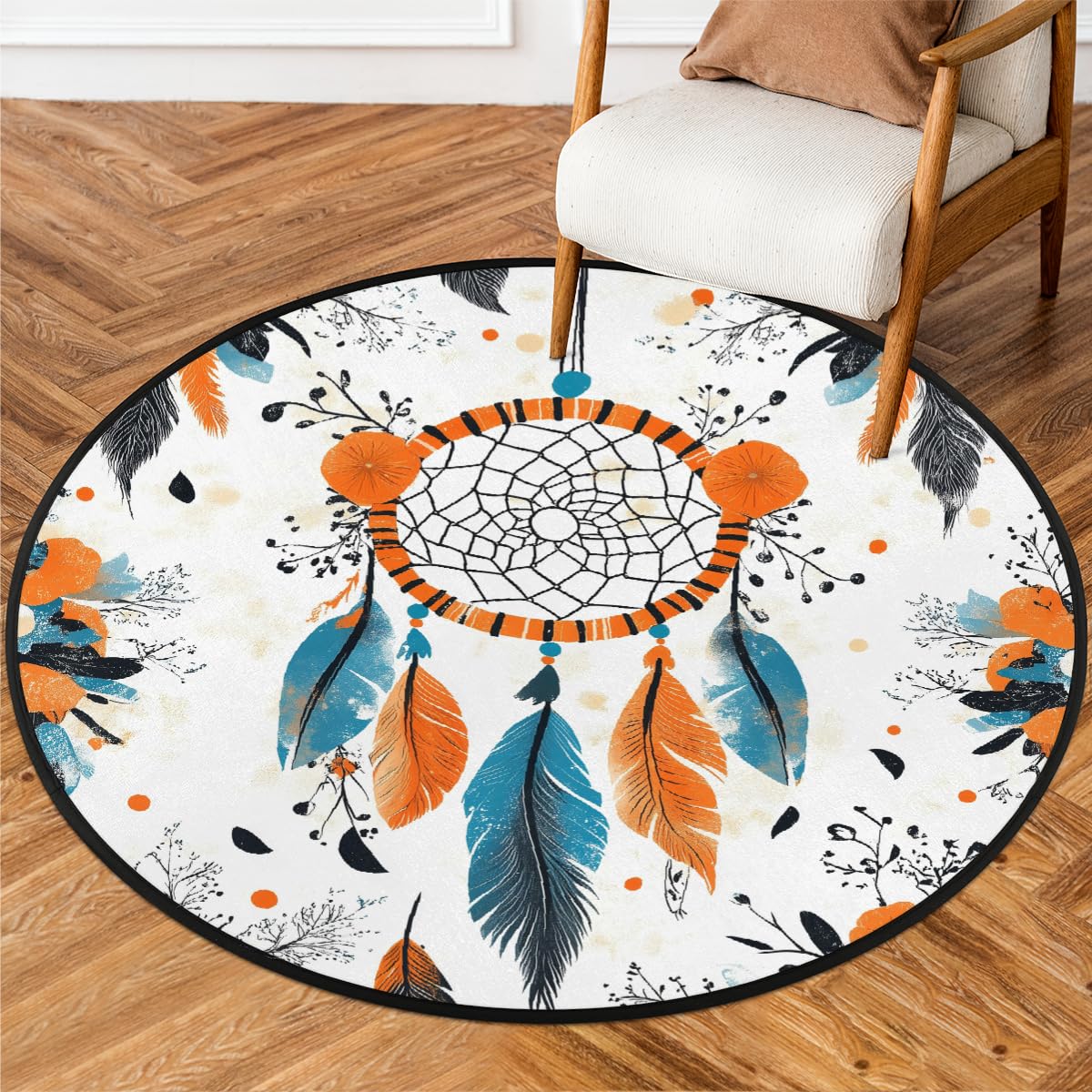 Boho-Traumfänger-Teppich, Blumenmuster, rund, waschbar, Gaming-Teppich für Schlafzimmer, Wohnzimmer, Arbeitszimmer, Bodenmatte, 160 cm