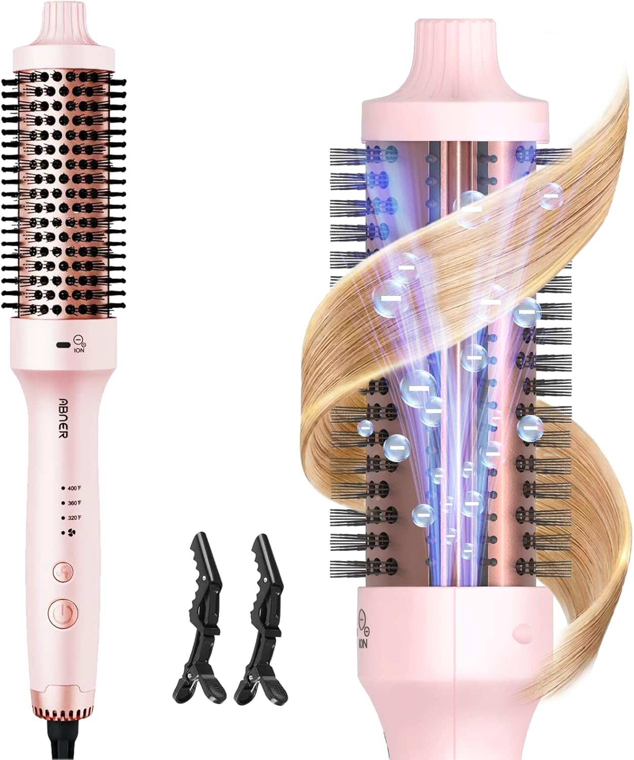 ABNER Thermal Ionic Brush, 1.5 inch Heated Round Brush for Blowout Look, Makes Hair Shinier & Smoother, Less Damage, Dual Voltage, Tourmaline Ceramic, Negative Ion Technology, Temperature Settings