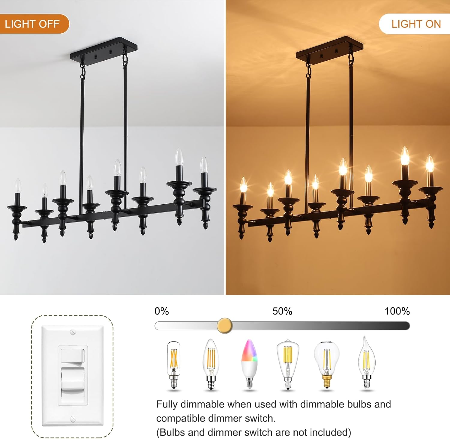 40'' Black Kitchen Island Chandelier, 8-Light Linear Chandeliers for Dining Room, Farmhouse Dining Room Light Fixtures Over Table, Rustic Candle-Style Long Hanging Light Fixture for Dining Table