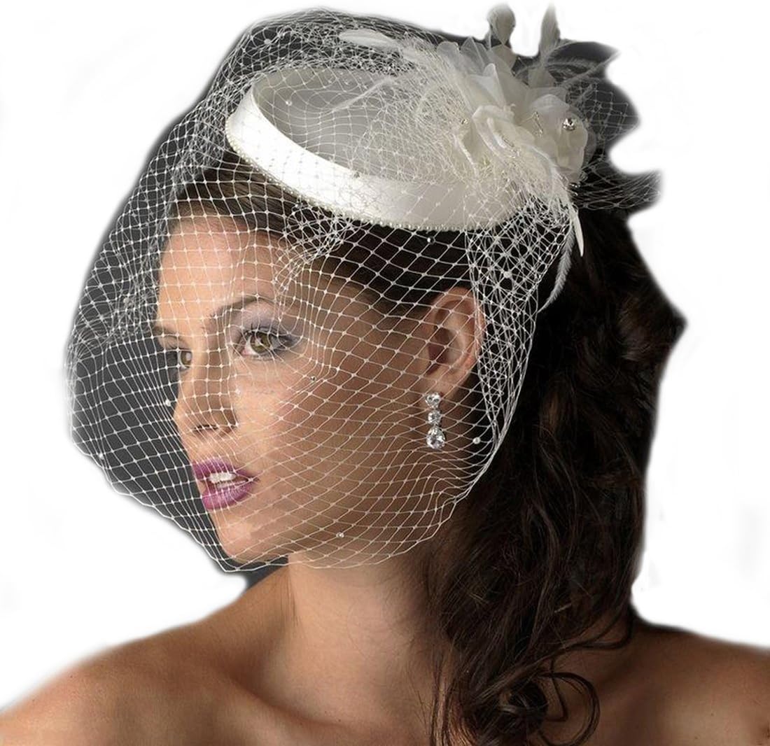 Coonek Women's Vitage Feather Fascinator White Bridcage Wedding Weil with Hat (White)