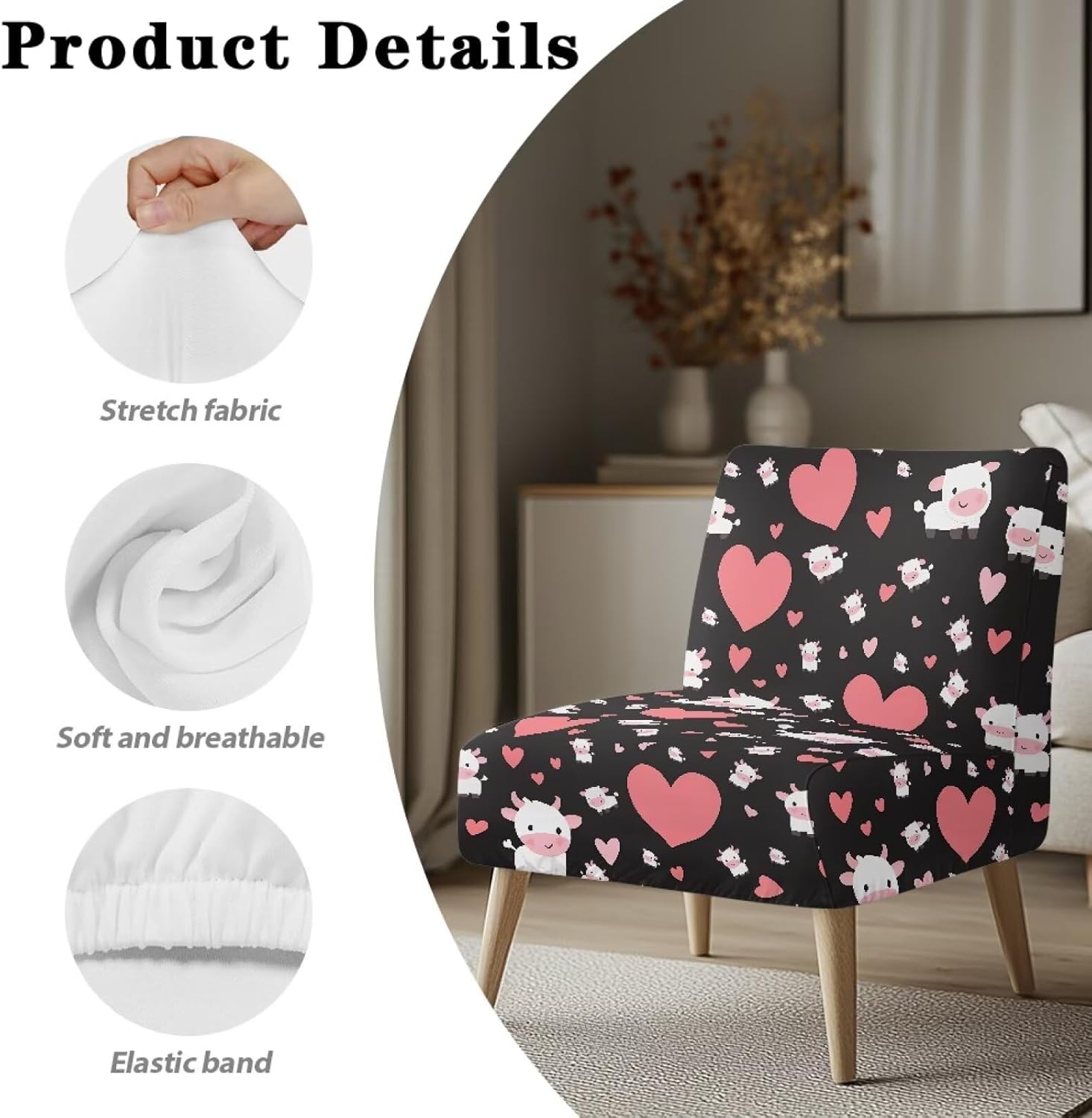 Set of 2 Armless Accent Chairs Covers Thick Love Cow Armless Sofa Cover Stretchable Couch Cover Removable Slipper Chair Slipcover Christmas Decorations for Living Dining Room Hotel
