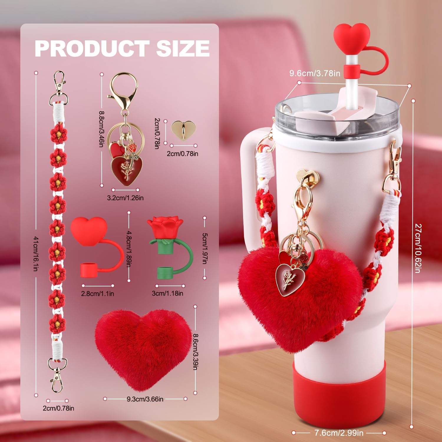 Cup Red Accessories Set for Stanley Cup,Water Bottle Handle Strap, Siliocne Boot, Red Rose Straw Cover, Heart Charms, Straw Topper for 40oz & 30oz Tumbler 8 Pcs - Image 5
