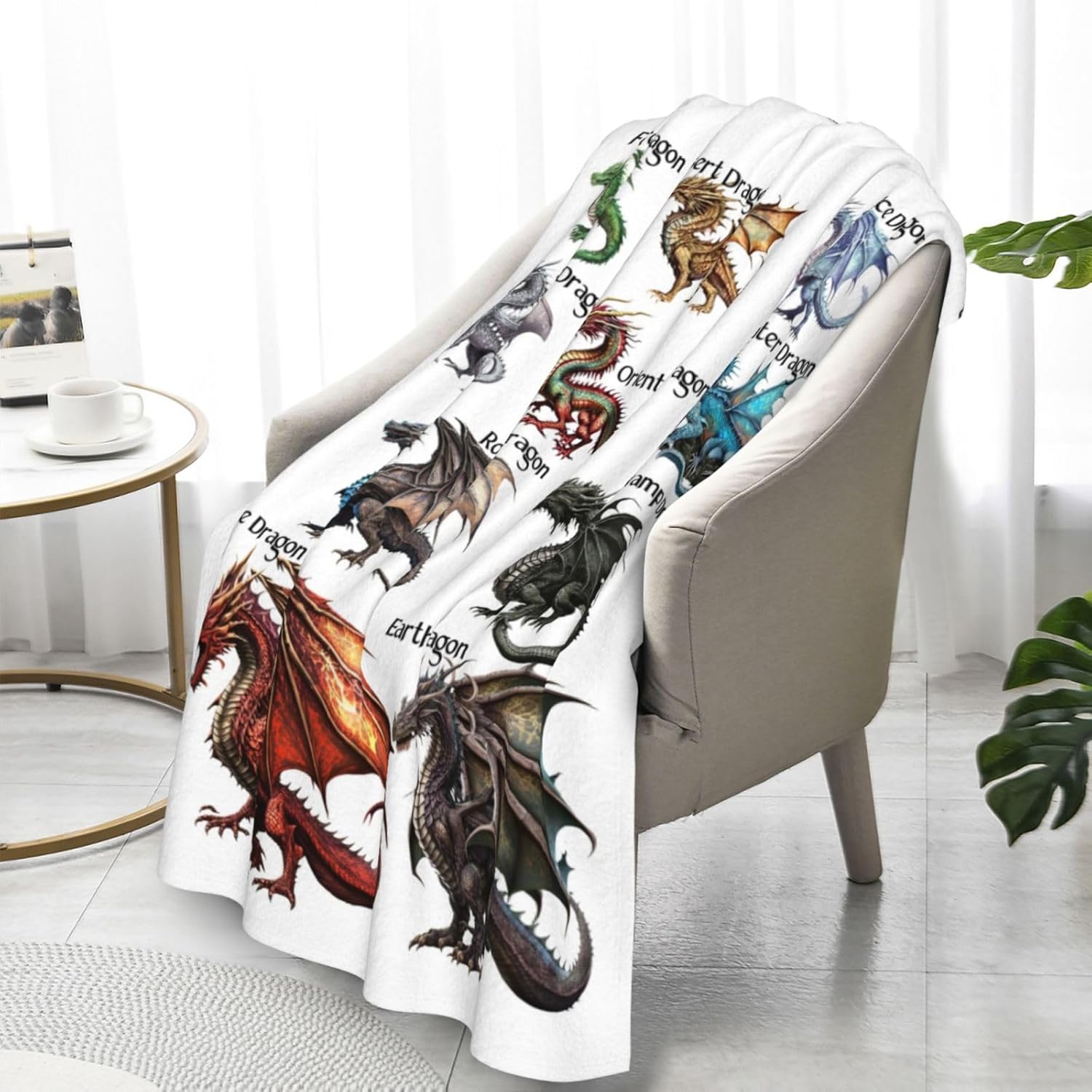 Dragon Throw Blanket, 80" x 60" Flannel Cute Dragons Themed Stuffed Animal White Throw, Soft Nap Throw Blanket for for Boys Girls Women Dragon Lovers