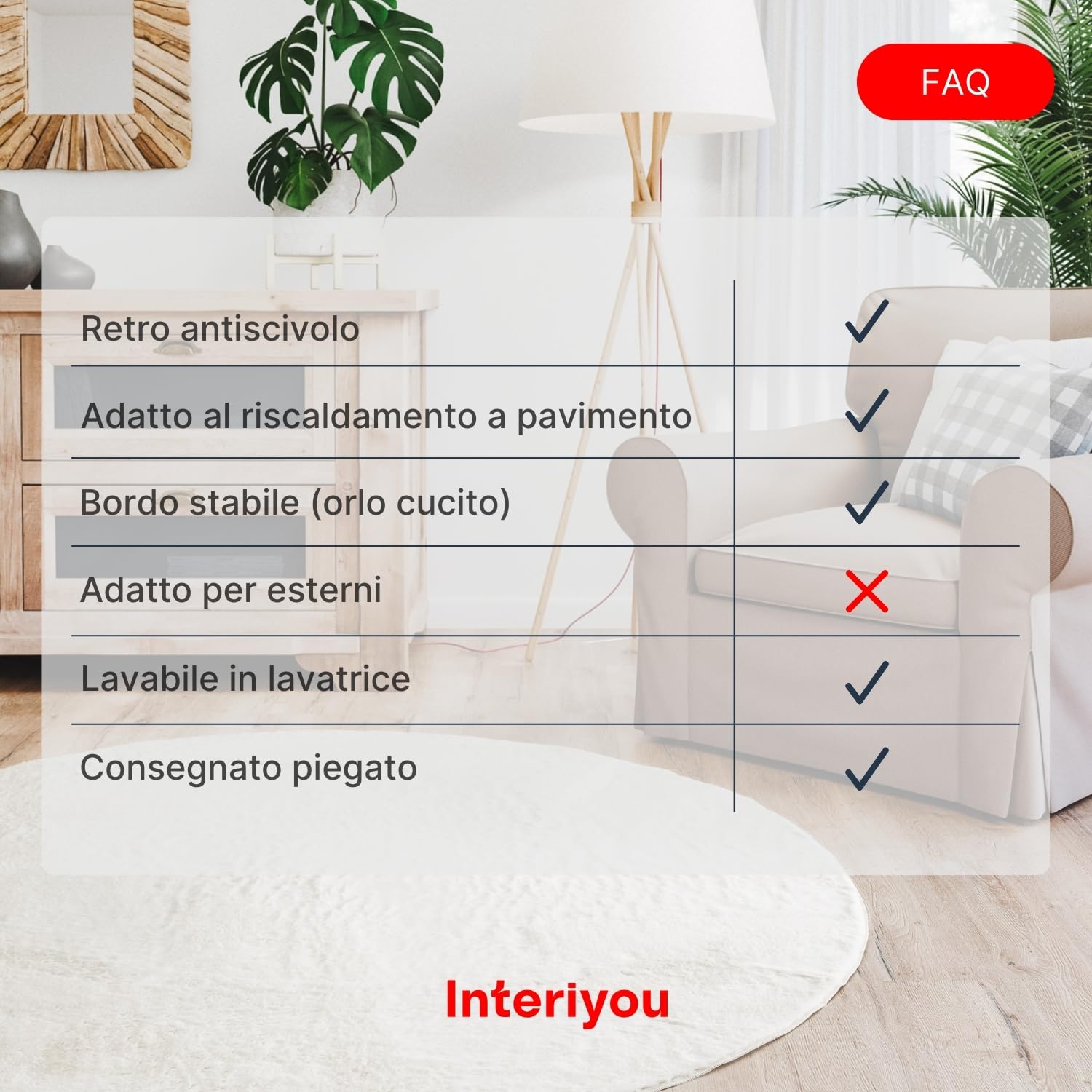 Interiyou Tappeto salotto pelo corto Fargo - 160x160 cm Rotondo Crema - Morbid in pelliccia sintetica - Lavabile e antiscivolo - Corto e soffice
